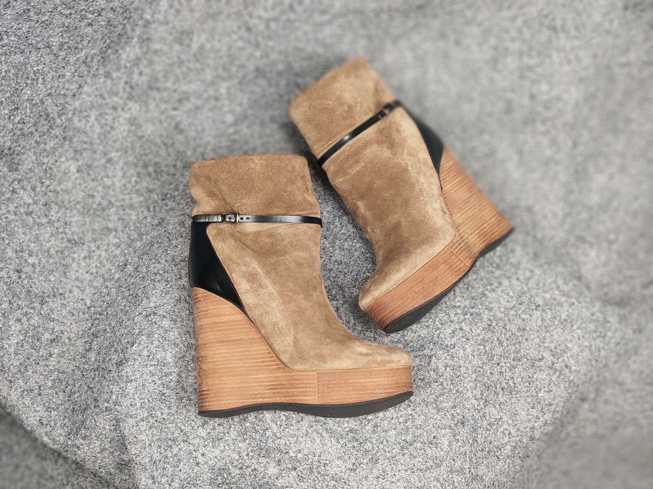 Chloé Marron Suede Beige Wedge Wooden Platform Heel Boots