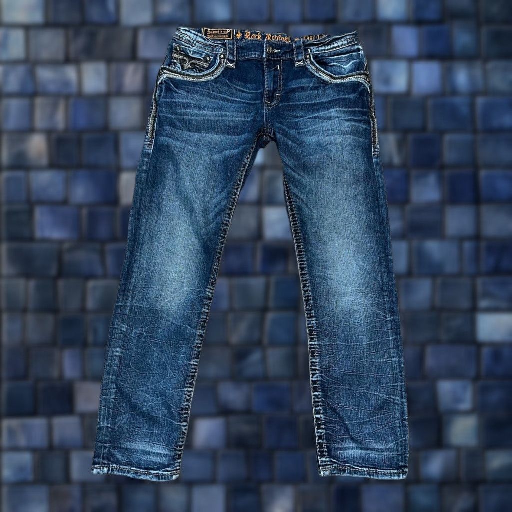 Rock Revival Jeans Slim Straight Men 36 31 Denim Blue 18” Waist 10.5” Rise Inseam 31 Slimming Regular Straight Leg