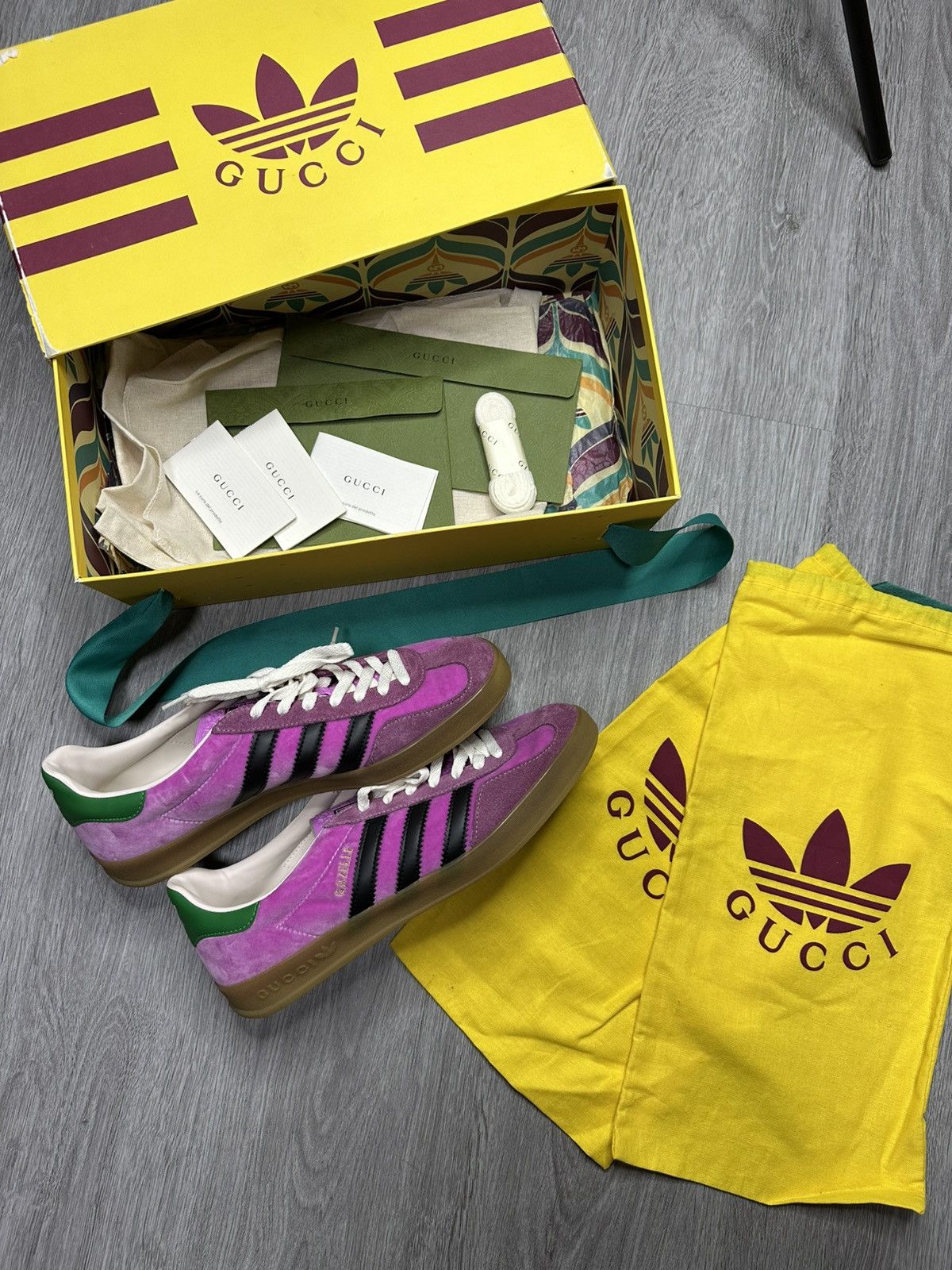 adidas gazelle silver green womens Adidas x Gucci Gazelle Sneaker in Pink Suede with Black Stripes and Gr –  Hollo Shoe main image 1