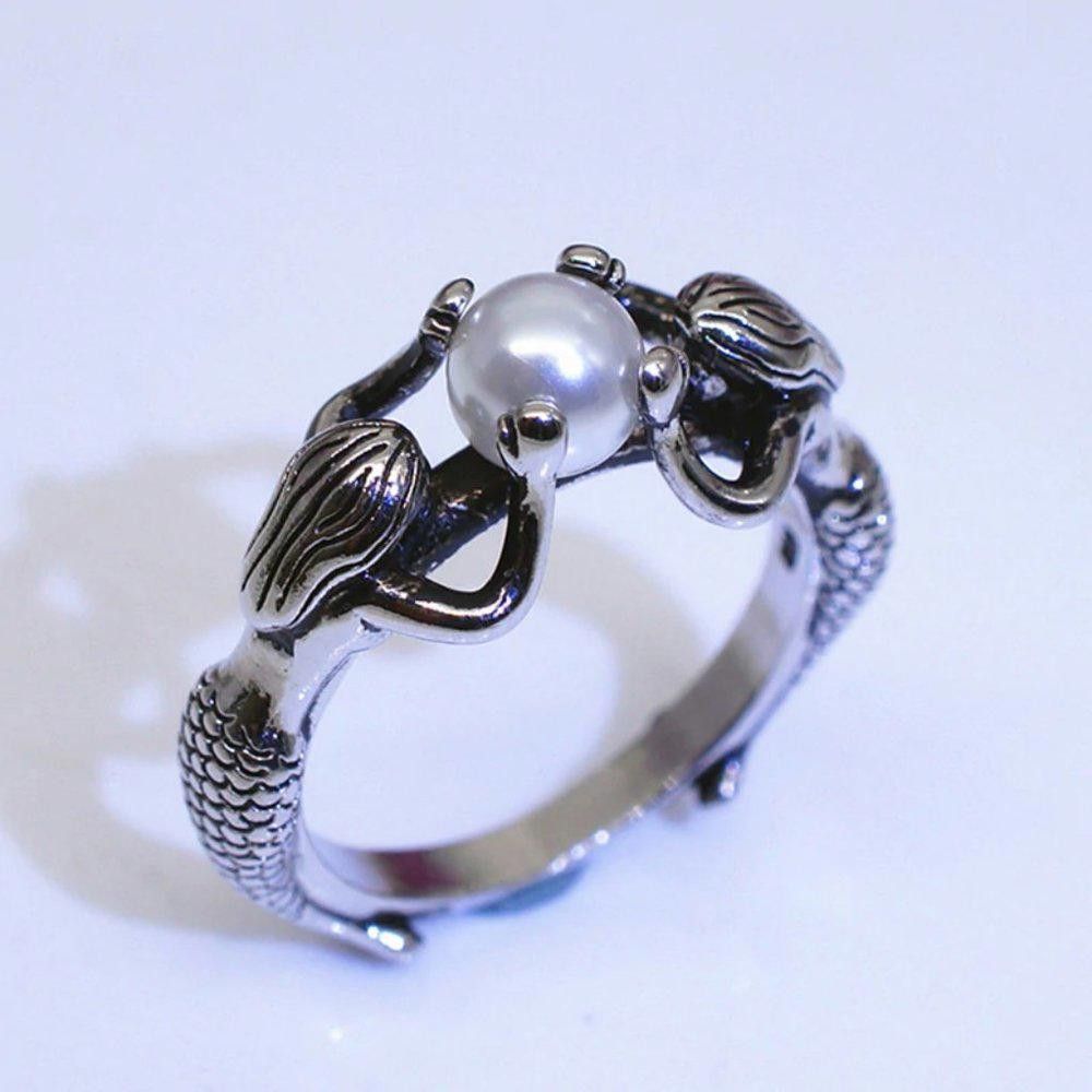 Designer Retro Mermaid Freshwater Pearl Antique Silver Ring - Size 7 Size ONE SIZE - 3 Thumbnail