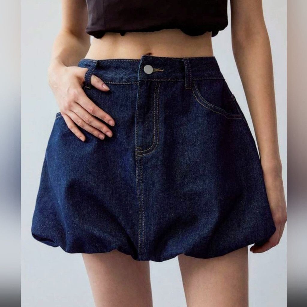 Pieces Uniques Pieces Indigo Denim Bubble Hem Mini Skirt Size 28" / US 6 / IT 42 - 1 Thumbnail