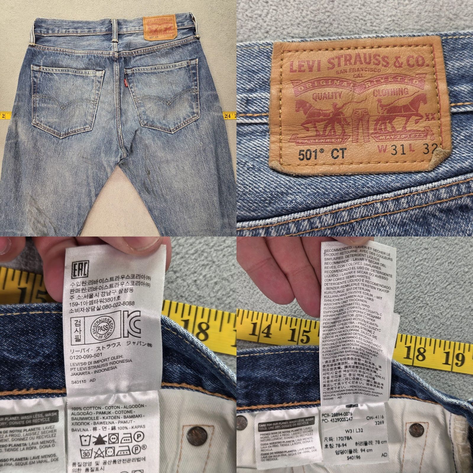 Levi's Levis 501 Jeans Mens Regular Blue Denim 501 CT Distressed Pockets Button 30x31 Slim Tapered Whiskers Honeycomb Medium Wash Size US 30 / EU 46 - 10 Thumbnail