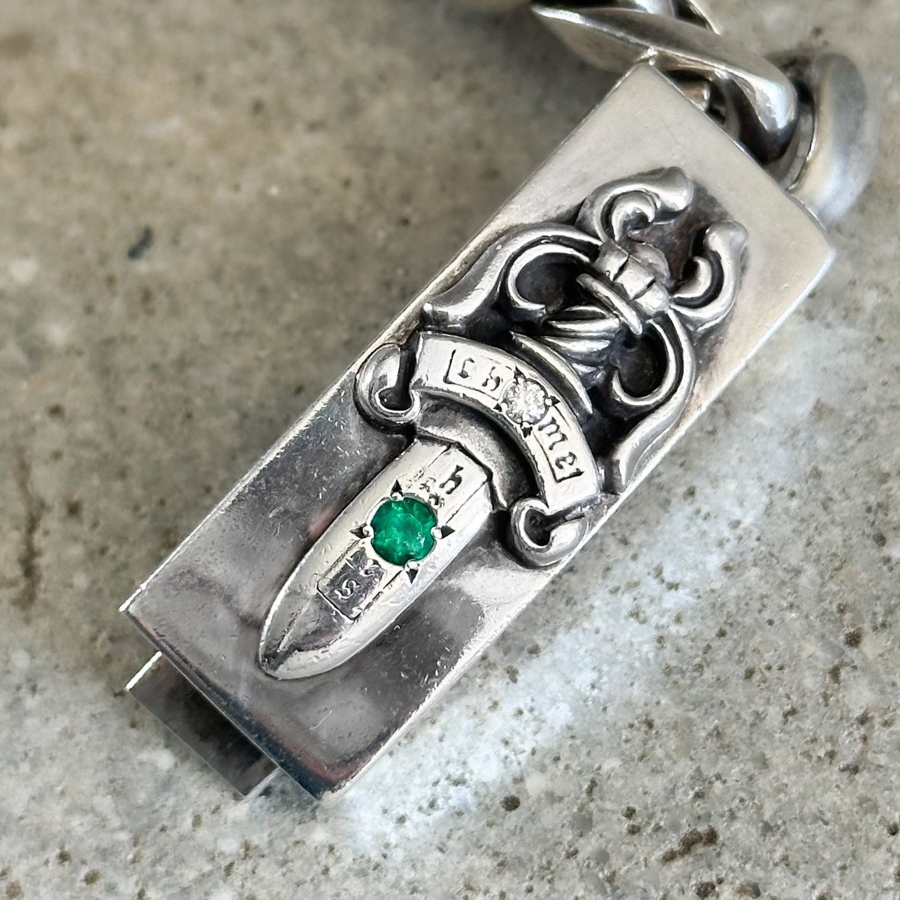 Chrome Hearts Emerald & Diamond Dagger ID Silver Cuban Link Bracelet Size ONE SIZE - 2 Thumbnail