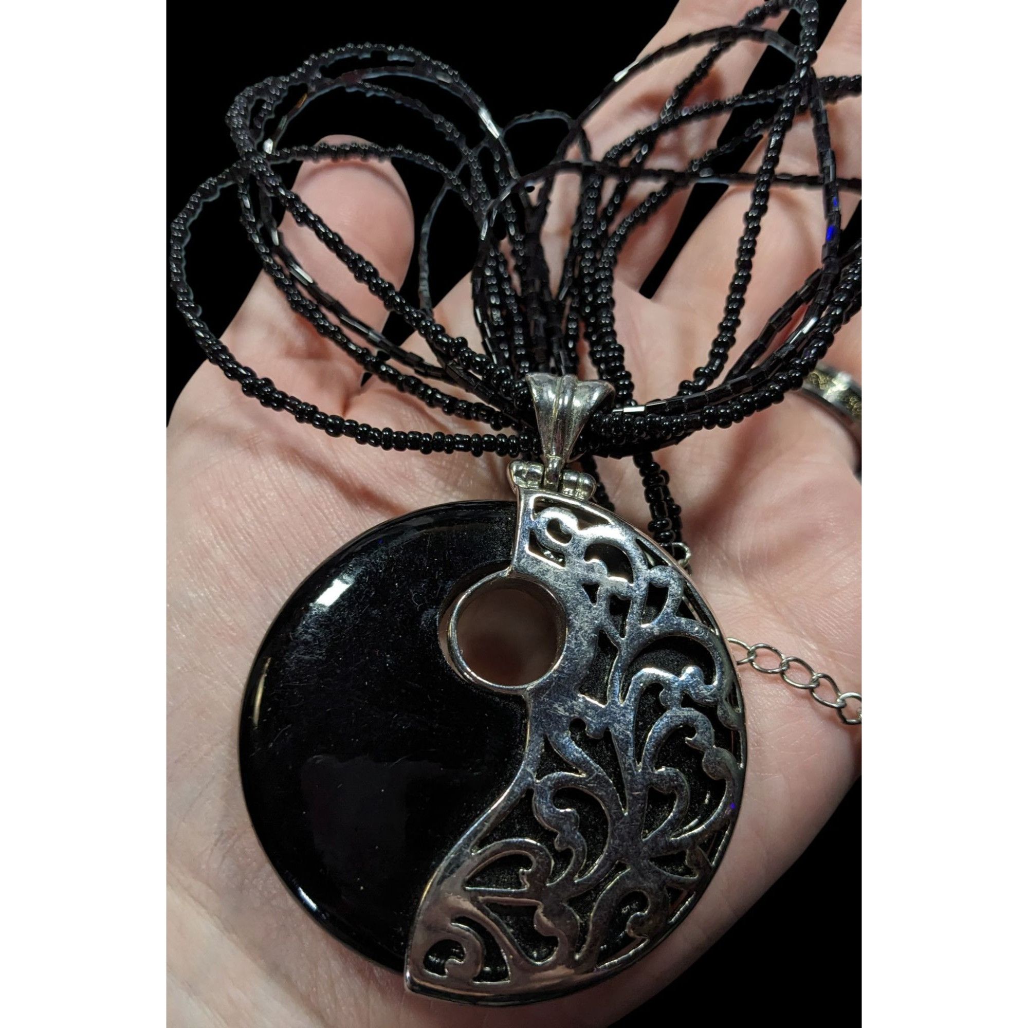 Other Floral Overlay Black And Silver Tone Pendant Necklace With B Size ONE SIZE - 5 Thumbnail