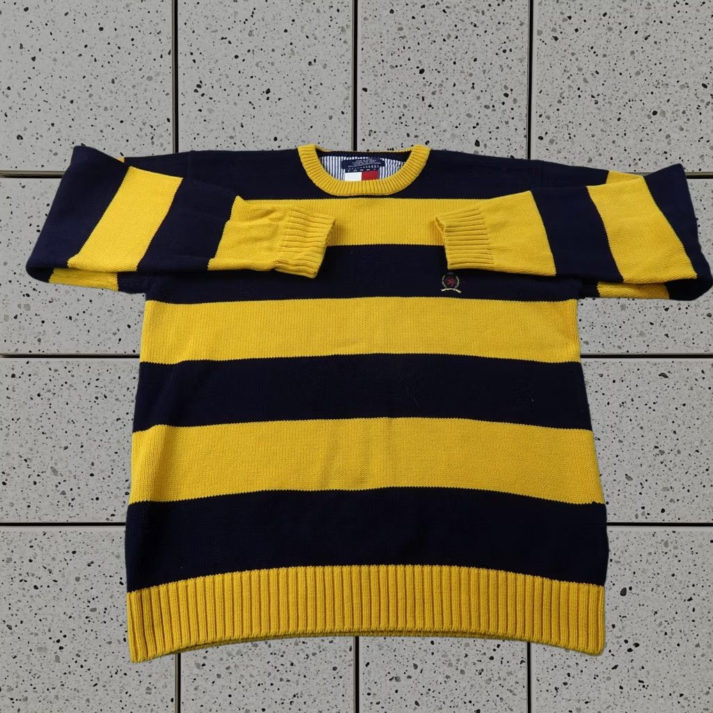 Vintage Tommy Hilfiger Sweater 1XL Blue Yellow Rugby Striped Crewneck Pullover Mens, Men's