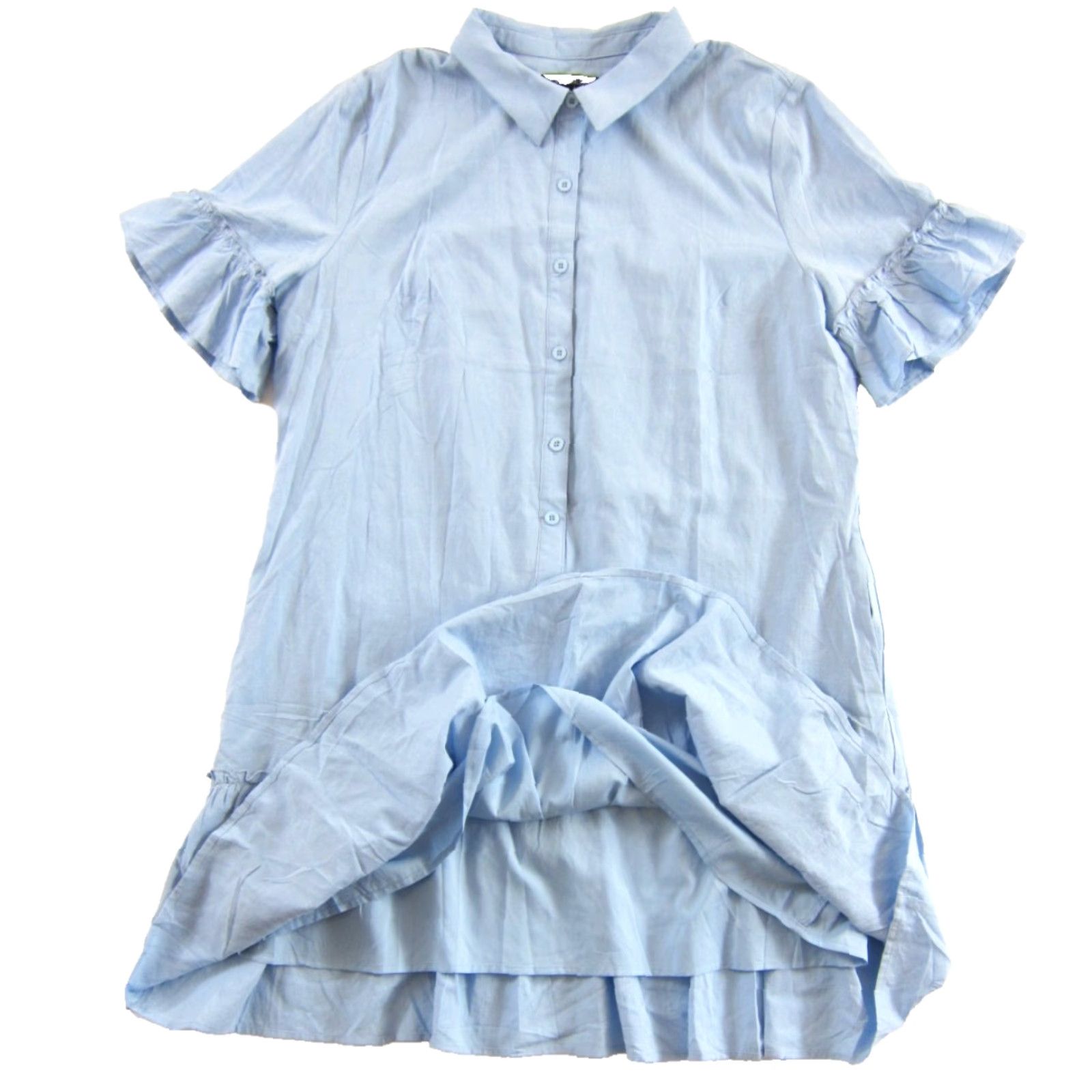 Vintage NWT Merokeety Light Blue Short Ruffle Sleeve Pocket Button Down Shirt Dress L Size L / US 10 / IT 46 - 5 Thumbnail