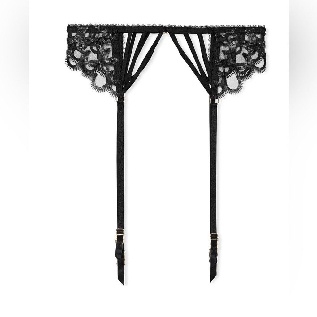 Victoria's Secret Black Lace Strappy Garter Belt Heart Embroidery NWT M/L Size ONE SIZE - 1 Thumbnail