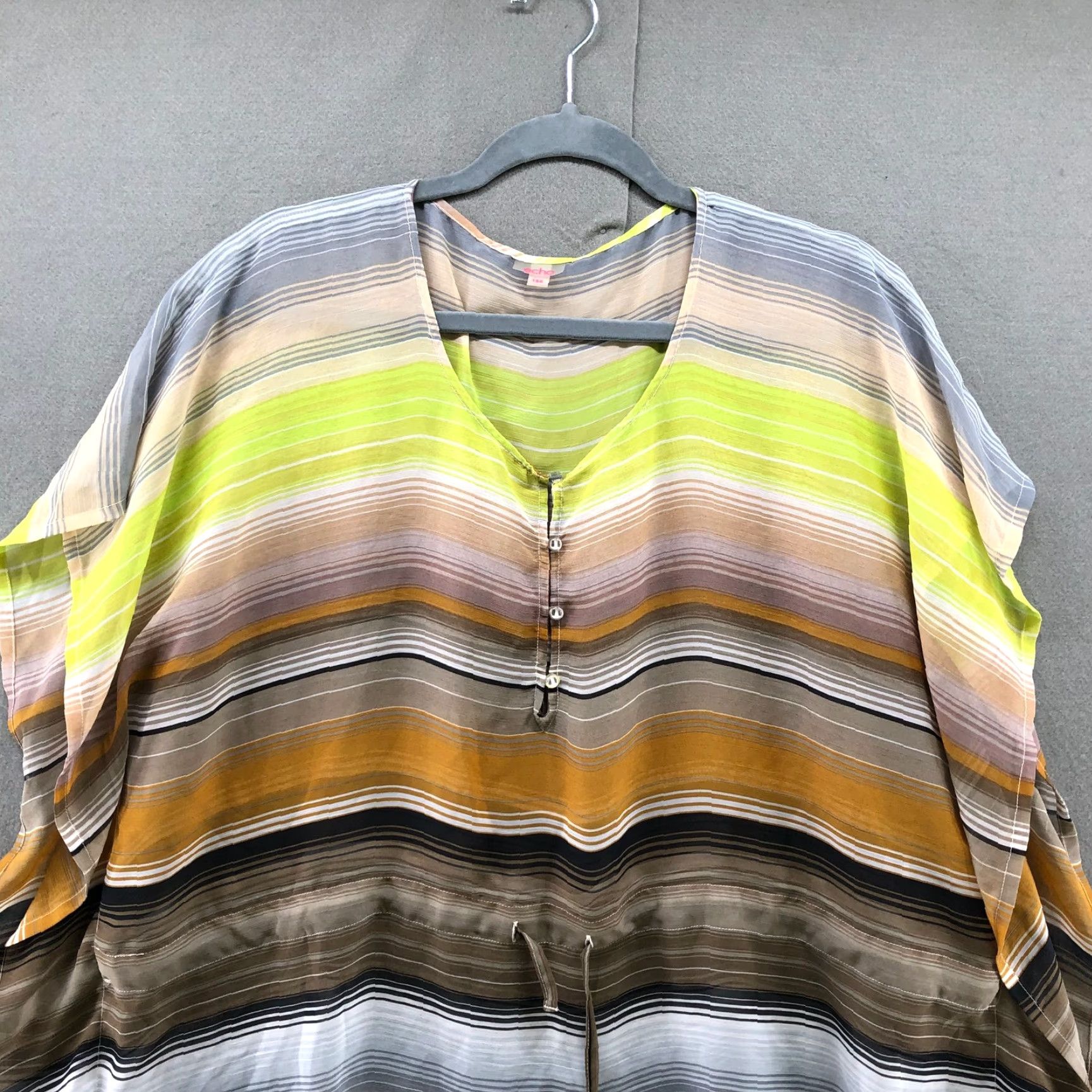 Vintage VINTAGE Echo Chiffon Poncho Kaftan Top Womens OS Yellow Striped Beachy Boho Tunic Size ONE SIZE - 3 Thumbnail