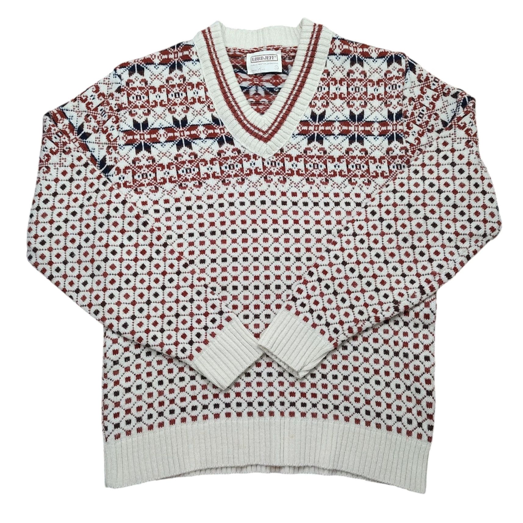 Vintage VINTAGE Lord Jeff Sweater Mens L Beige Red Blue Fair Isle DuPont Orlon Acrylic V-Neck Pullover Ski USA Classic Size US L / EU 52-54 / 3 - 2 Thumbnail