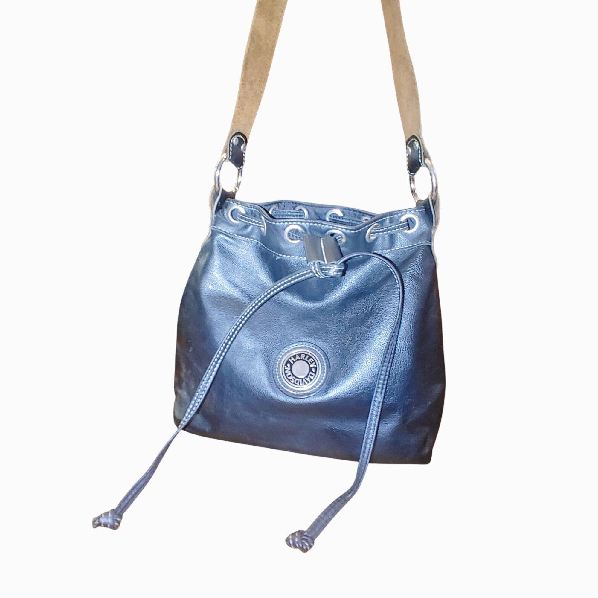Harley Davidson Black Leather Genuine Bucket Bag Drawstring