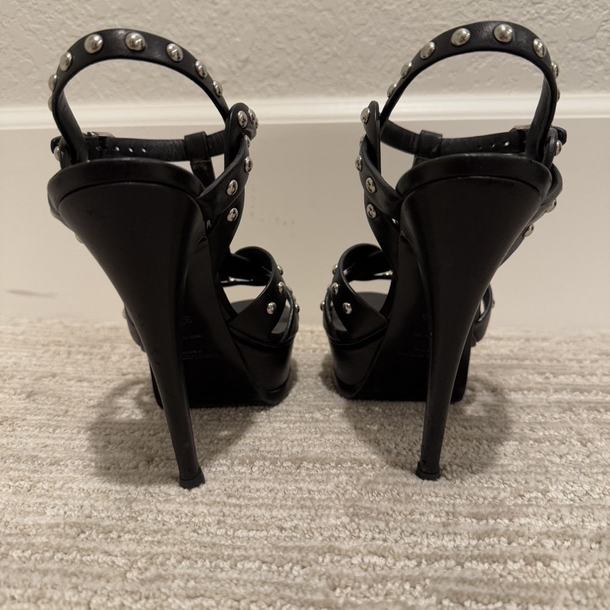 Saint Laurent Paris Saint Laurent Black Leather Studded Tribute Platform Sandals Size US 7.5 / IT 37.5 - 8 Thumbnail