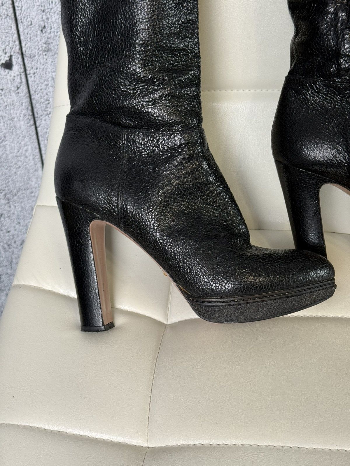 Prada Prada Black Textured Leather Knee High Platform Heeled Boots Size US 8 / IT 38 - 9 Thumbnail