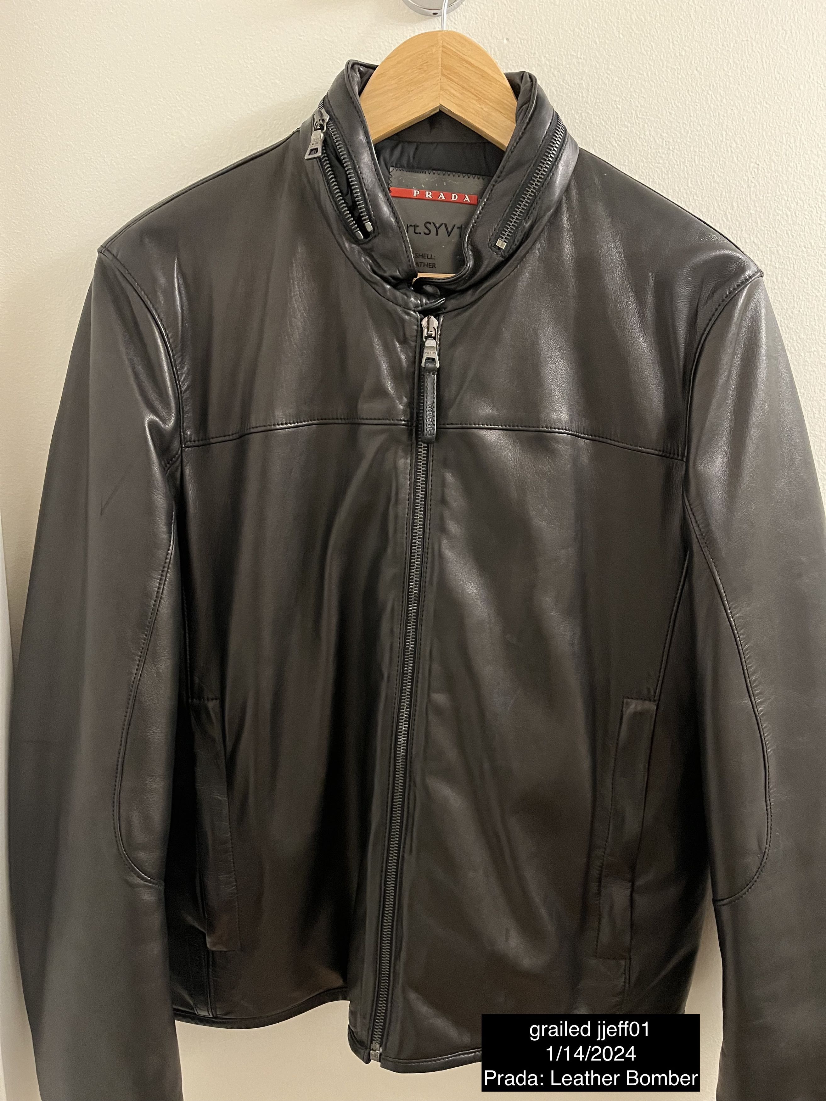 image of Prada: Mens Leather Bomber Jacket in Black (Size Small)