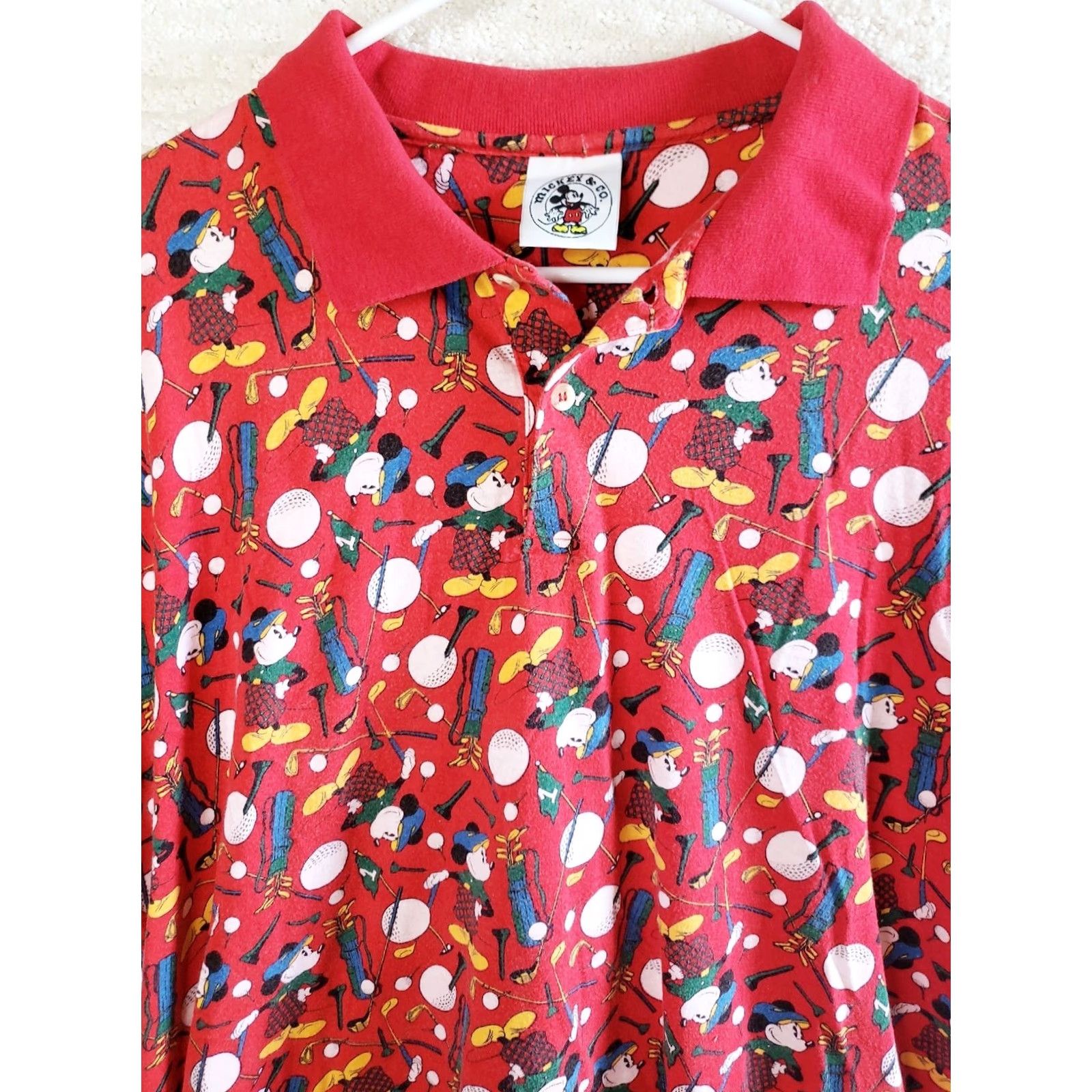 Disney VINTAGE Mickey & Co. Golf Polo Shirt XL Red Shirt Mens 90s Mickey Golfing Pattern Button-Up Polo Size US XL / EU 56 / 4 - 3 Thumbnail