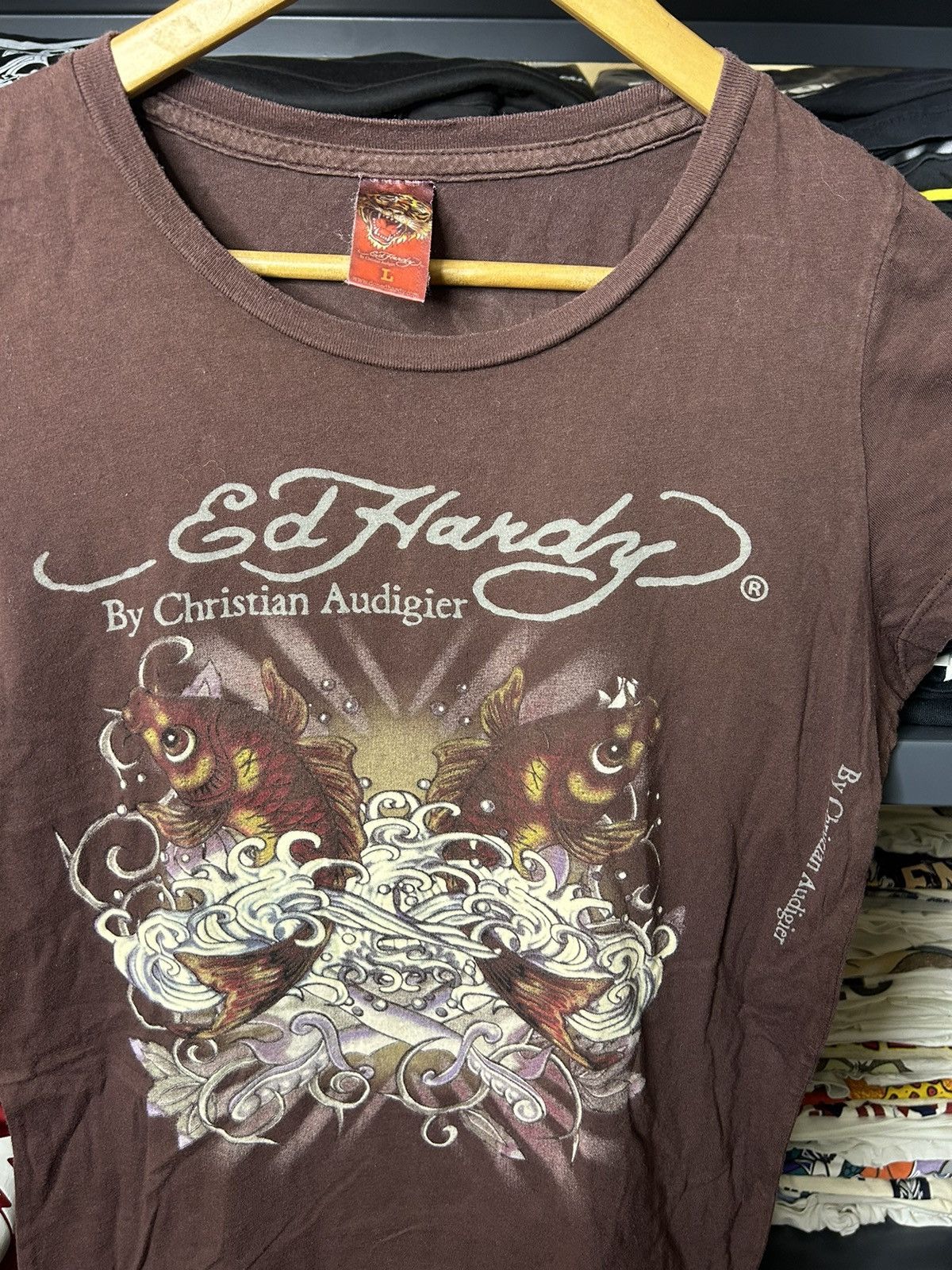 Christian Audigier × Vintage Vintage Ed Hardy Koi Fish Tee Brown Y2K Christian Audigier Size L / US 10 / IT 46 - 2 Thumbnail