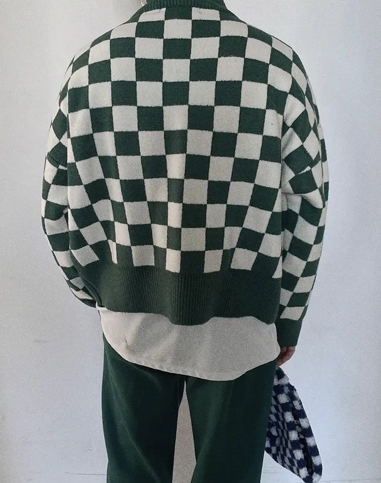 Japanese Brand × Vintage Korean fashion green checkered plaid knit jacket cardigan Size US XL / EU 56 / 4 - 4 Thumbnail