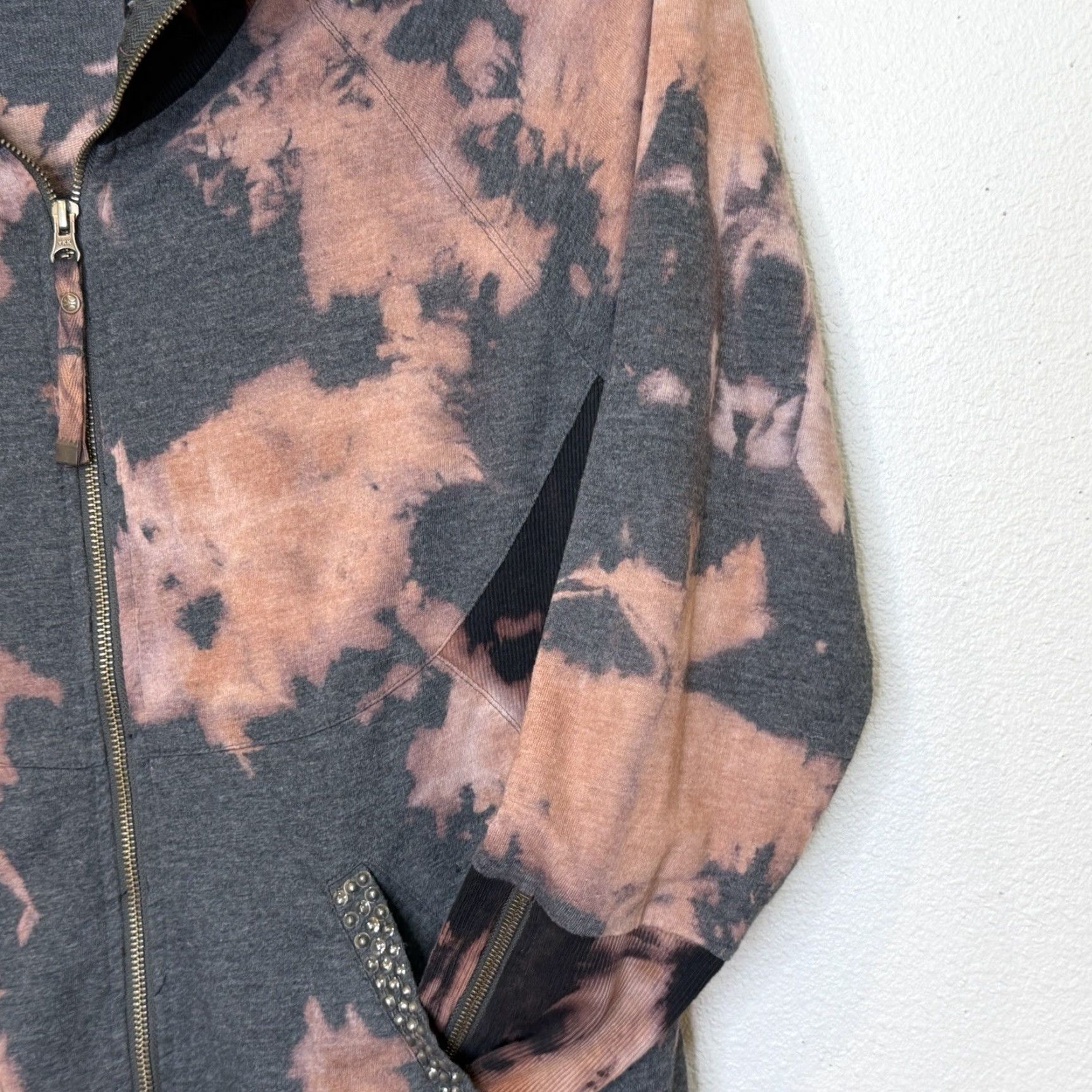 Vintage NU by Staff Woman Full Zip Tunic Jacket XL Tie Dye Pockets Long Sleeve Grunge Jersey Knit Beaded Casual Jacket Womens Size XL / US 12-14 / IT 48-50 - 3 Thumbnail