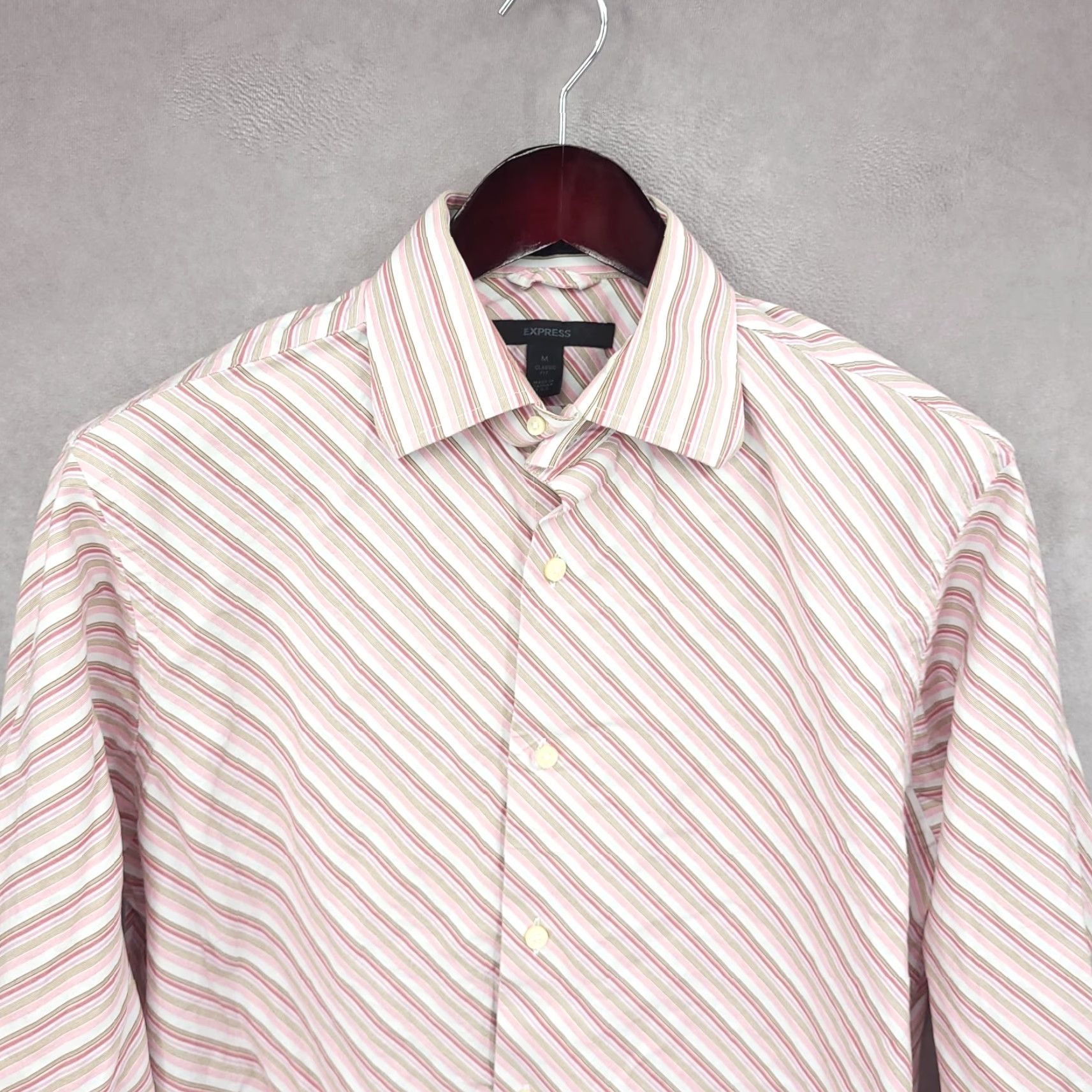 Express Express Shirt Mens Medium Pink Striped Classic Fit Button Up Polyester Blend Size US M / EU 48-50 / 2 - 3 Thumbnail