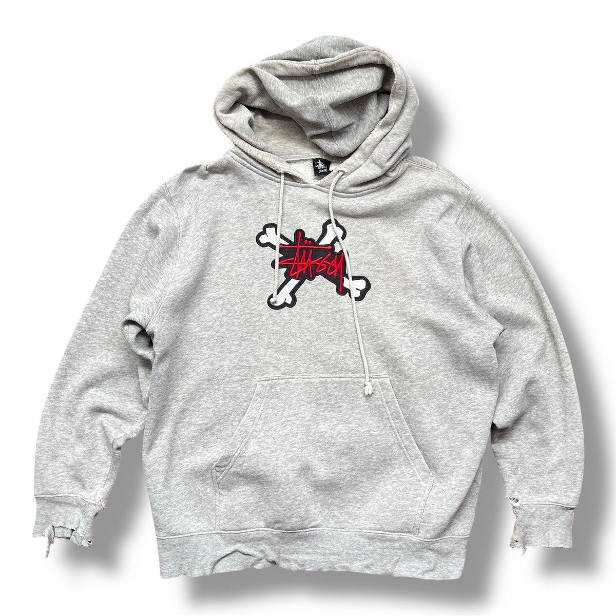 VINTAGE STUSSY SKULL BIG LOGO FRONT DISTRESSED HOODIE