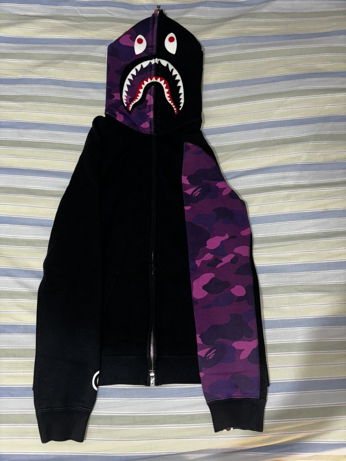 image of Bape Half Purple Camo Shark Hoodie in Black, Women's (Size Small)