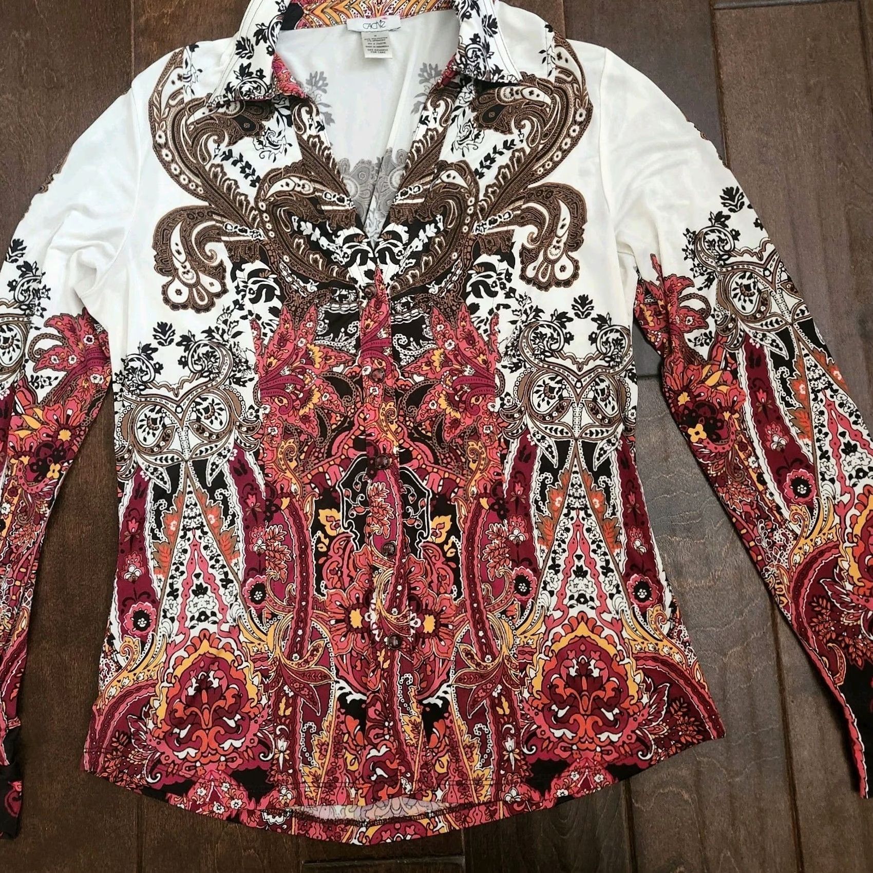 Vintage Cache Boho Paisley Blouse Womens M Long Sleeve Button Stretch Top Size M / US 6-8 / IT 42-44 - 5 Thumbnail
