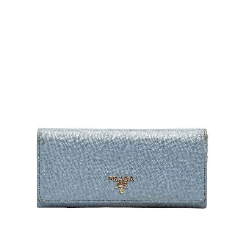 image of Prada Saffiano Logo Continental Flap Wallet in Blue, Women's