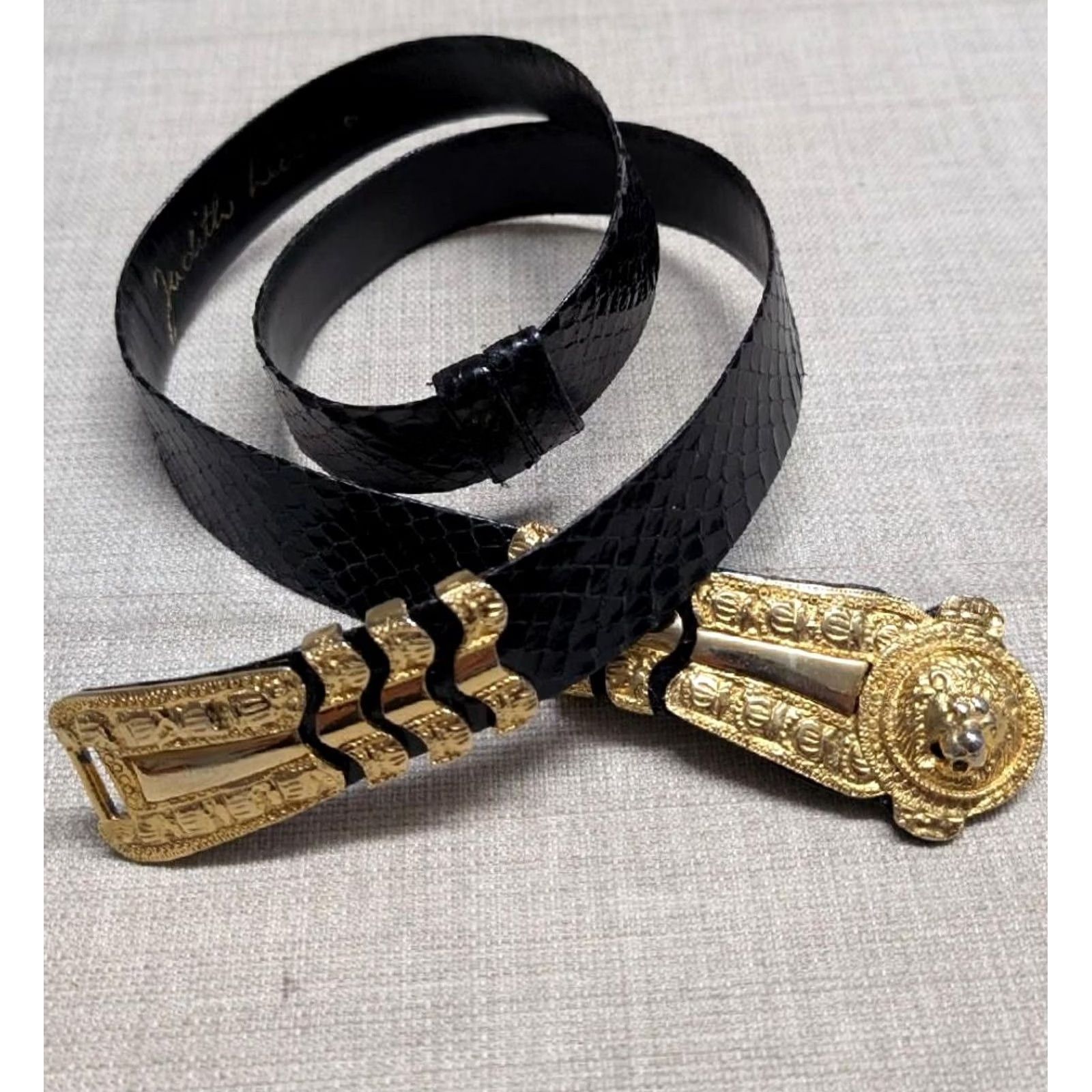 Judith Leiber VINTAGE JUDITH LEIBER Belt snakeskin LION BUCKLE gold black adjustable 24-38" OS Women 1990's 1980's Glam Statement Size ONE SIZE - 2 Thumbnail