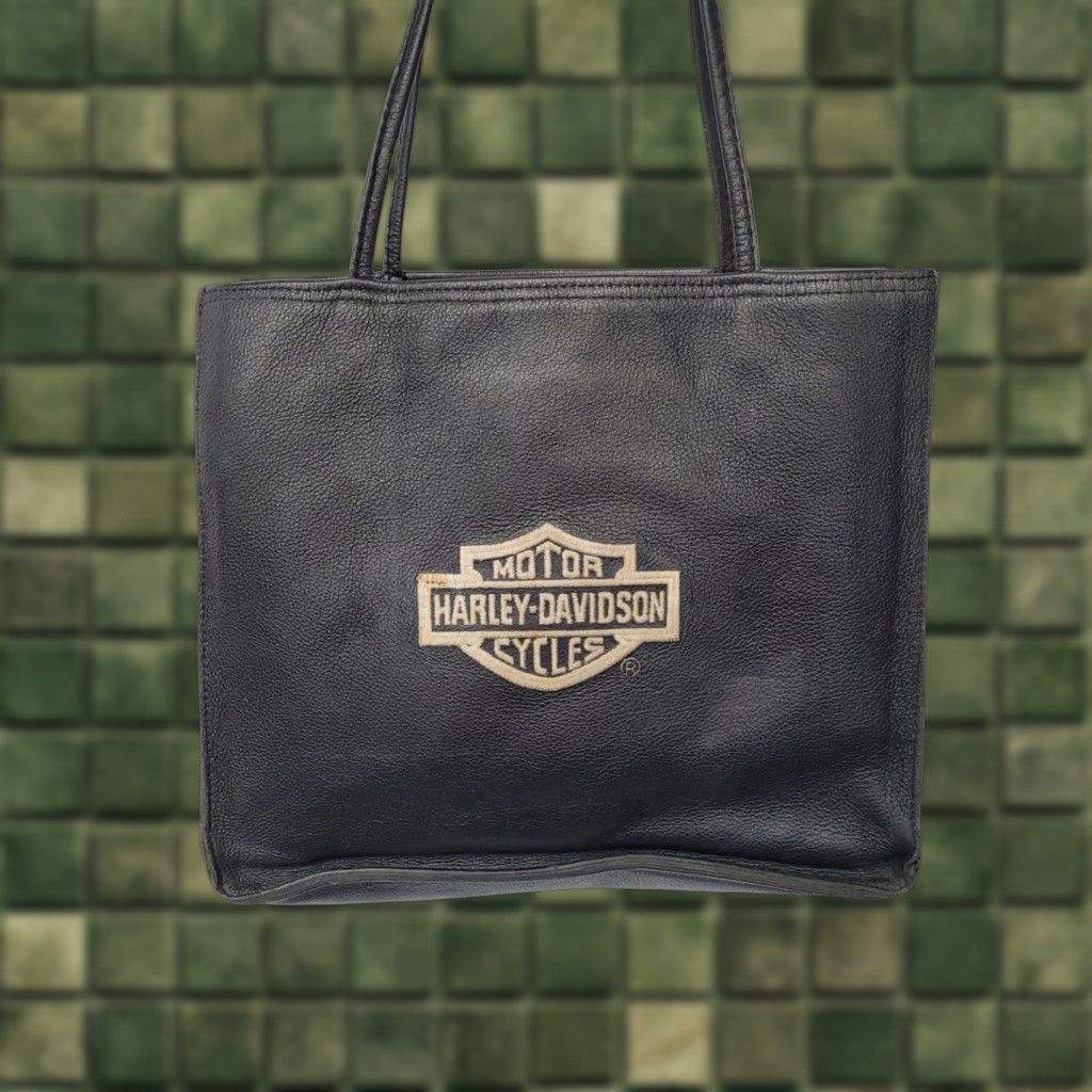 Vintage Harley Davidson Black Embroidered Logo Leather Shoulder Bag Purse Tote, Women's