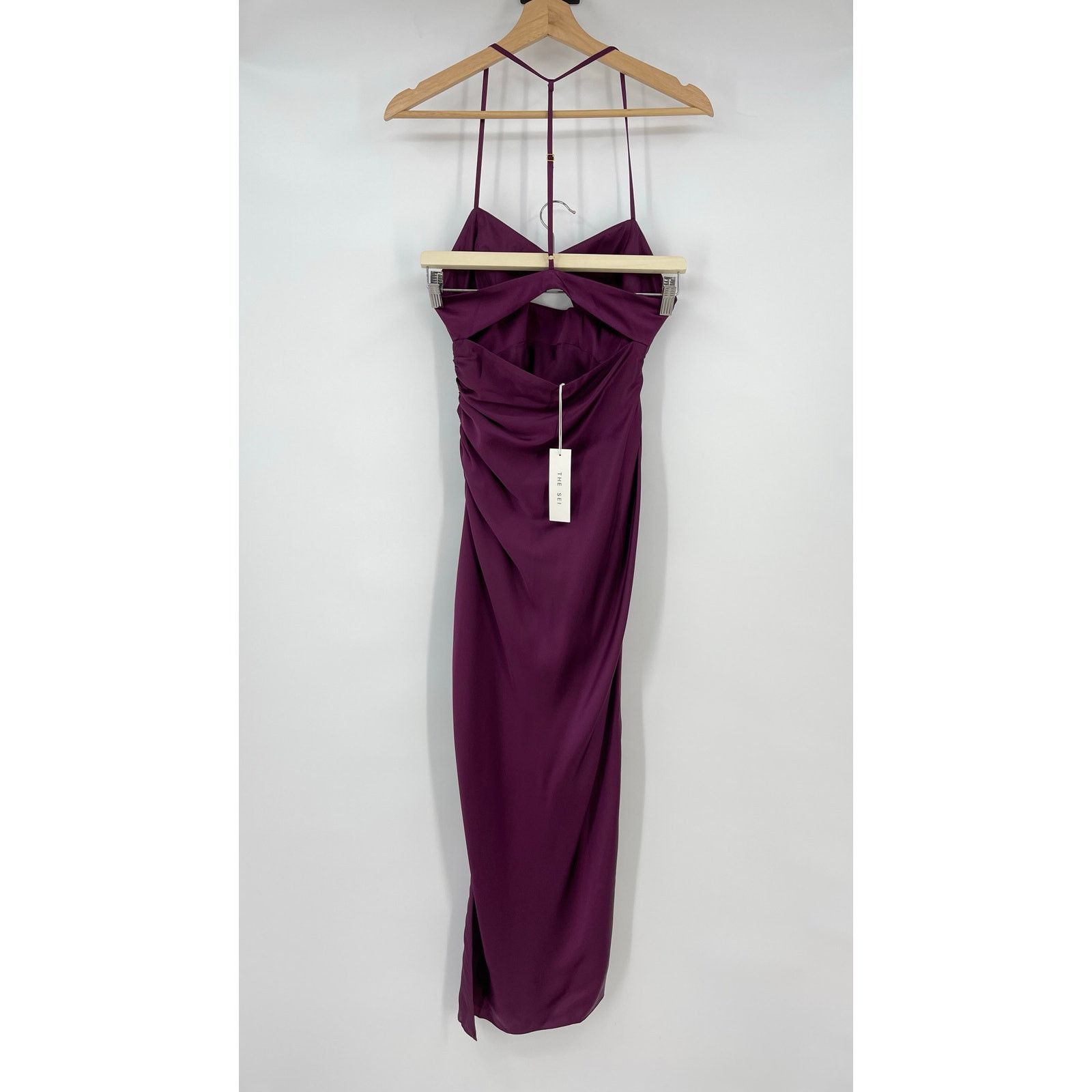 The Sei Ruched Cut Out Silk Midi Dress in Burgundy 2