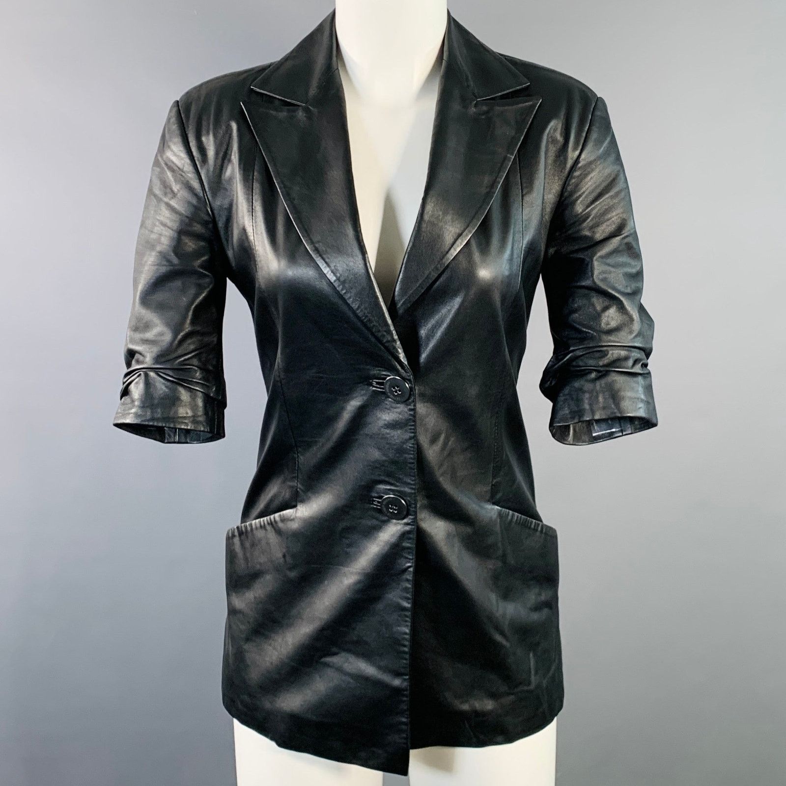 Other ZEYNEP ARCAY Black Leather Lambskin Peak Lapel Jacket Blazer Size XS / US 0-2 / IT 36-38 - 1 Thumbnail