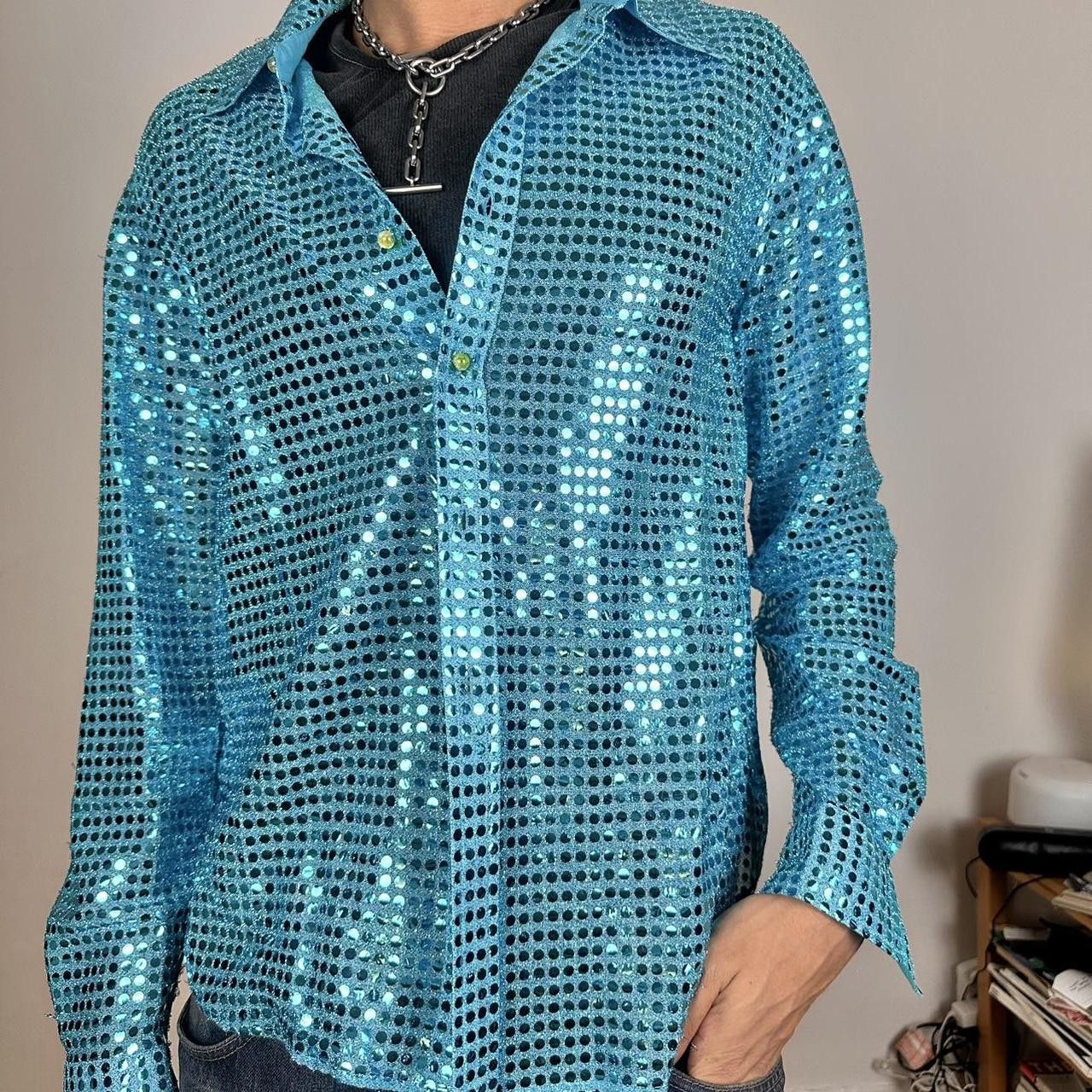 Acne Studios ACNE BLUE TURQUOISE BUTTON UP SEQUIN SHIRT _ SIZE 54 Size US XL / EU 56 / 4 - 2 Thumbnail