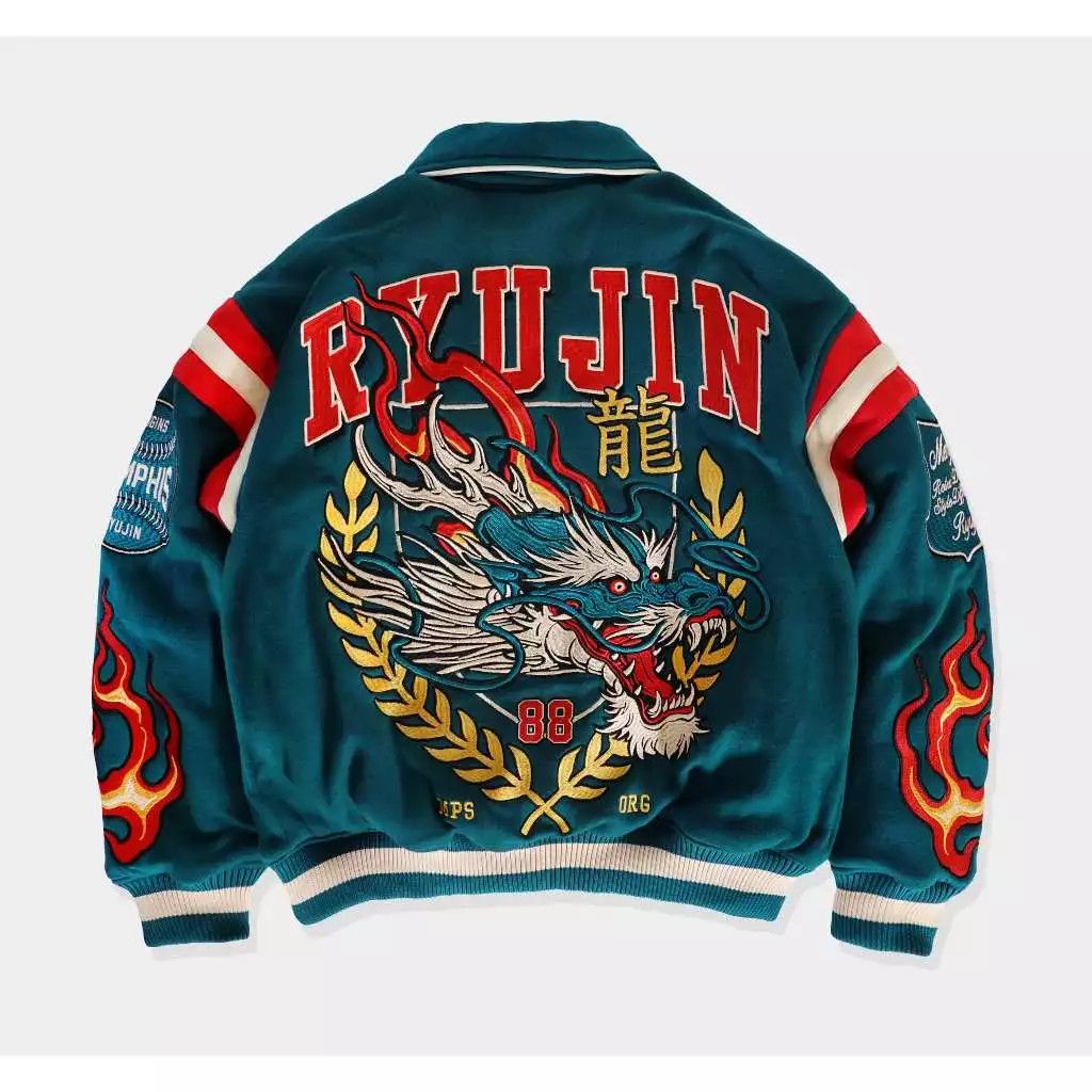 image of Varsity x Varsity Jacket Ryujin Full Embroidery in Green, Men's (Size XL)