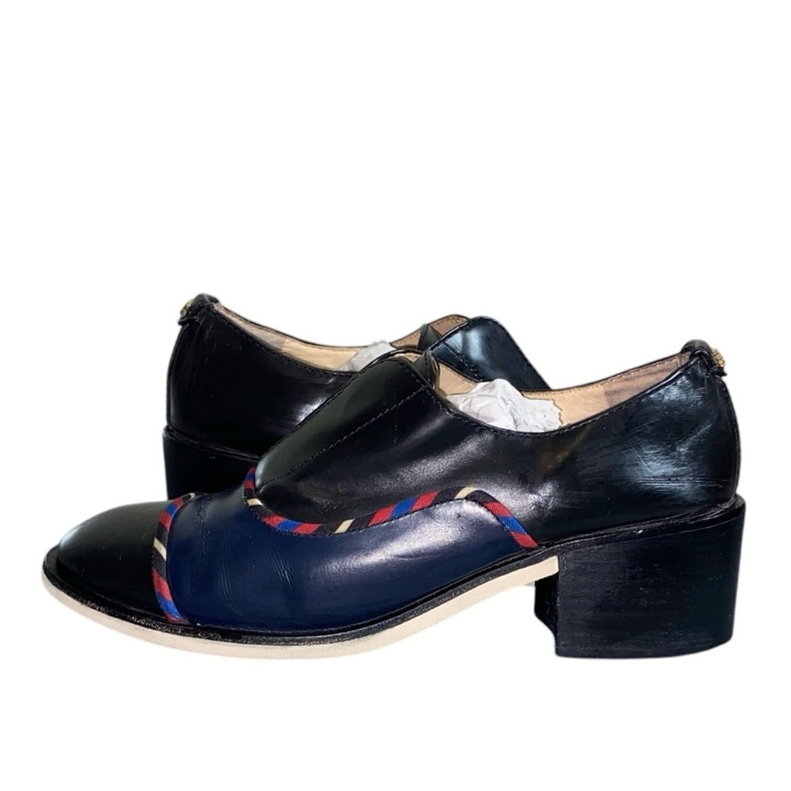Tory Burch Tory Burch Black/Navy Leather Oxford Kitten Block Heel Shoes Size US 9 / IT 39 - 4 Thumbnail