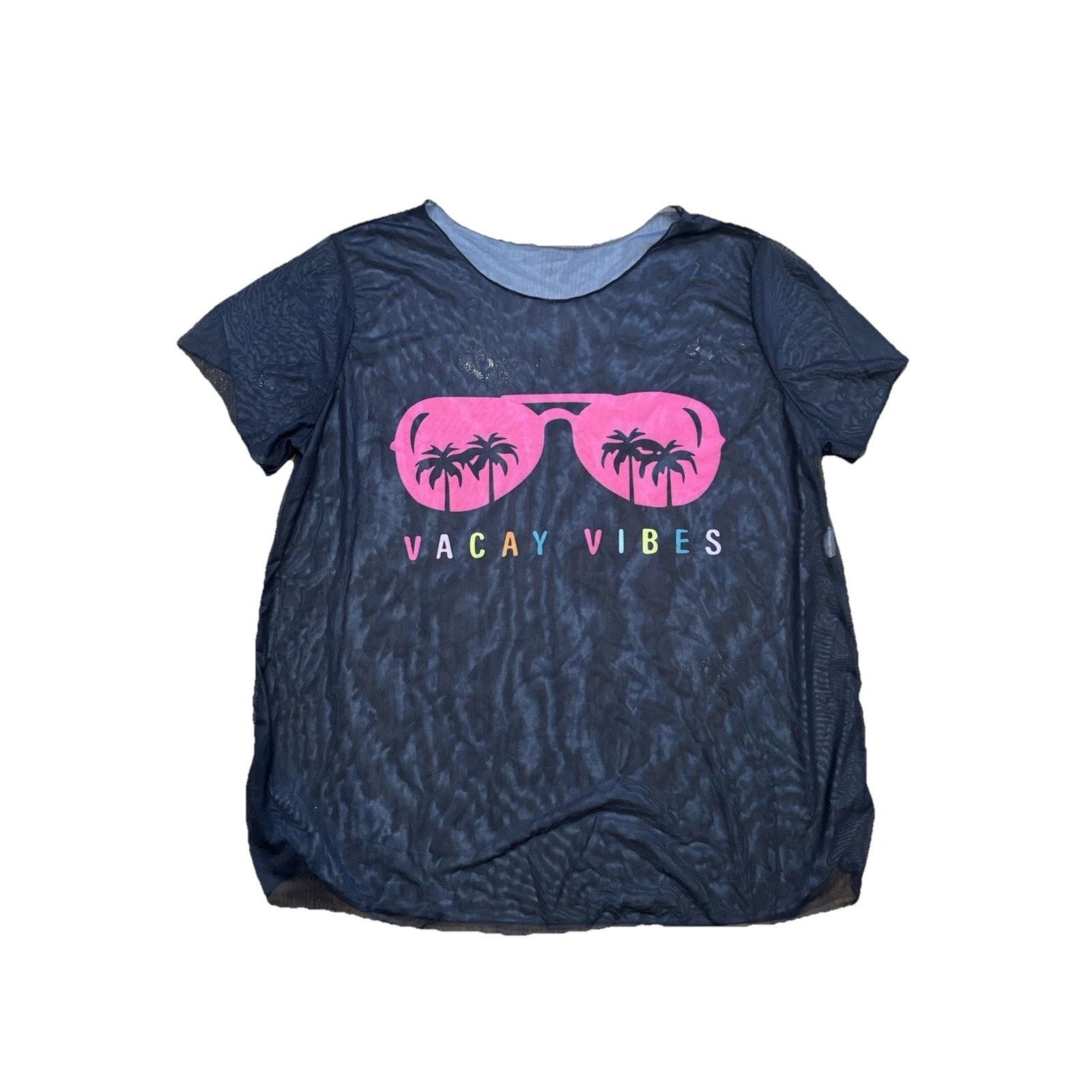 Other Womens Sheer Mesh Tee Top Vacay Vibes Pink Sunglasses Size XL / US 12-14 / IT 48-50 - 1 Thumbnail