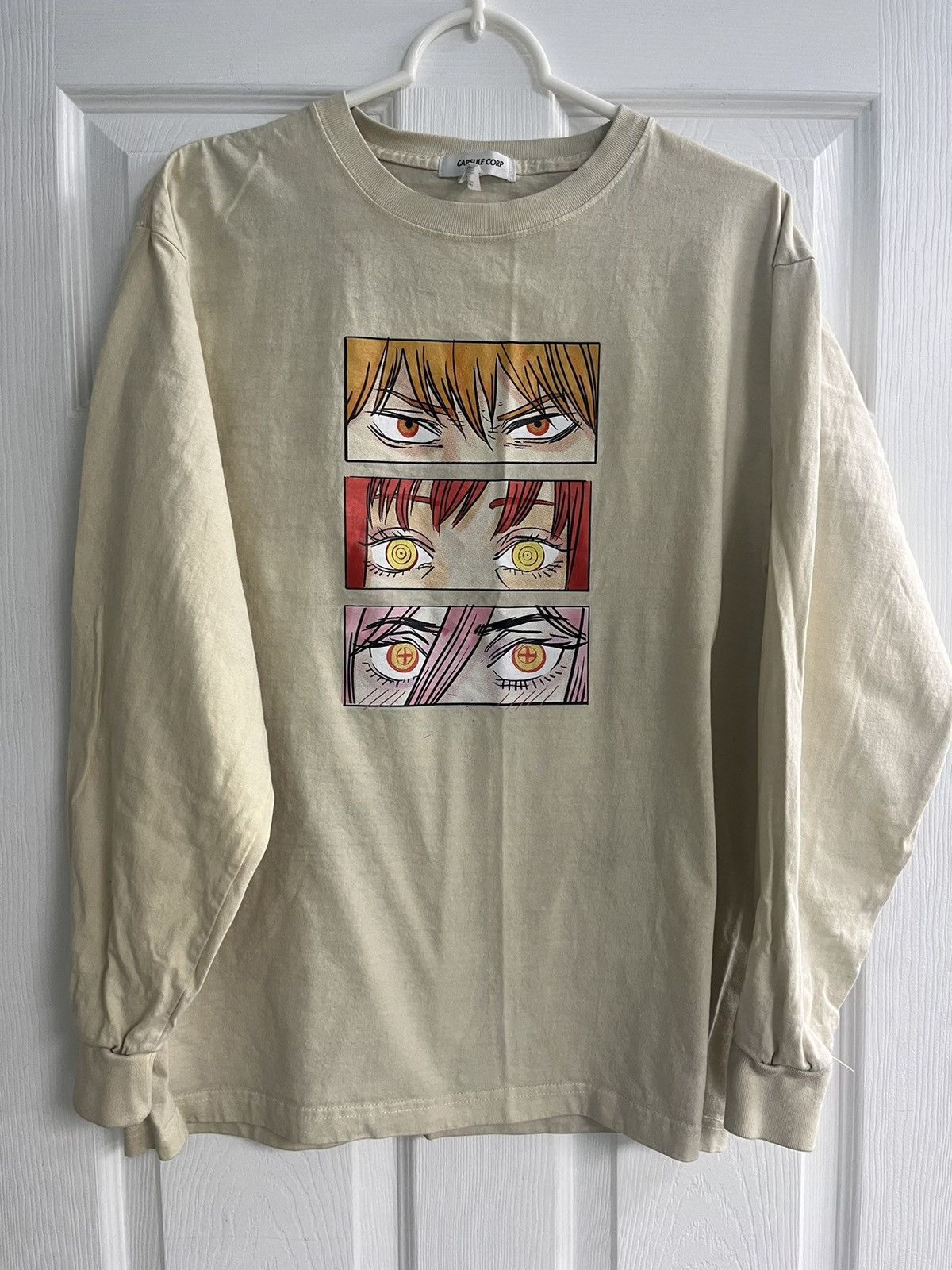 Anime Eyes Graphic Beige Longsleeve Tshirt