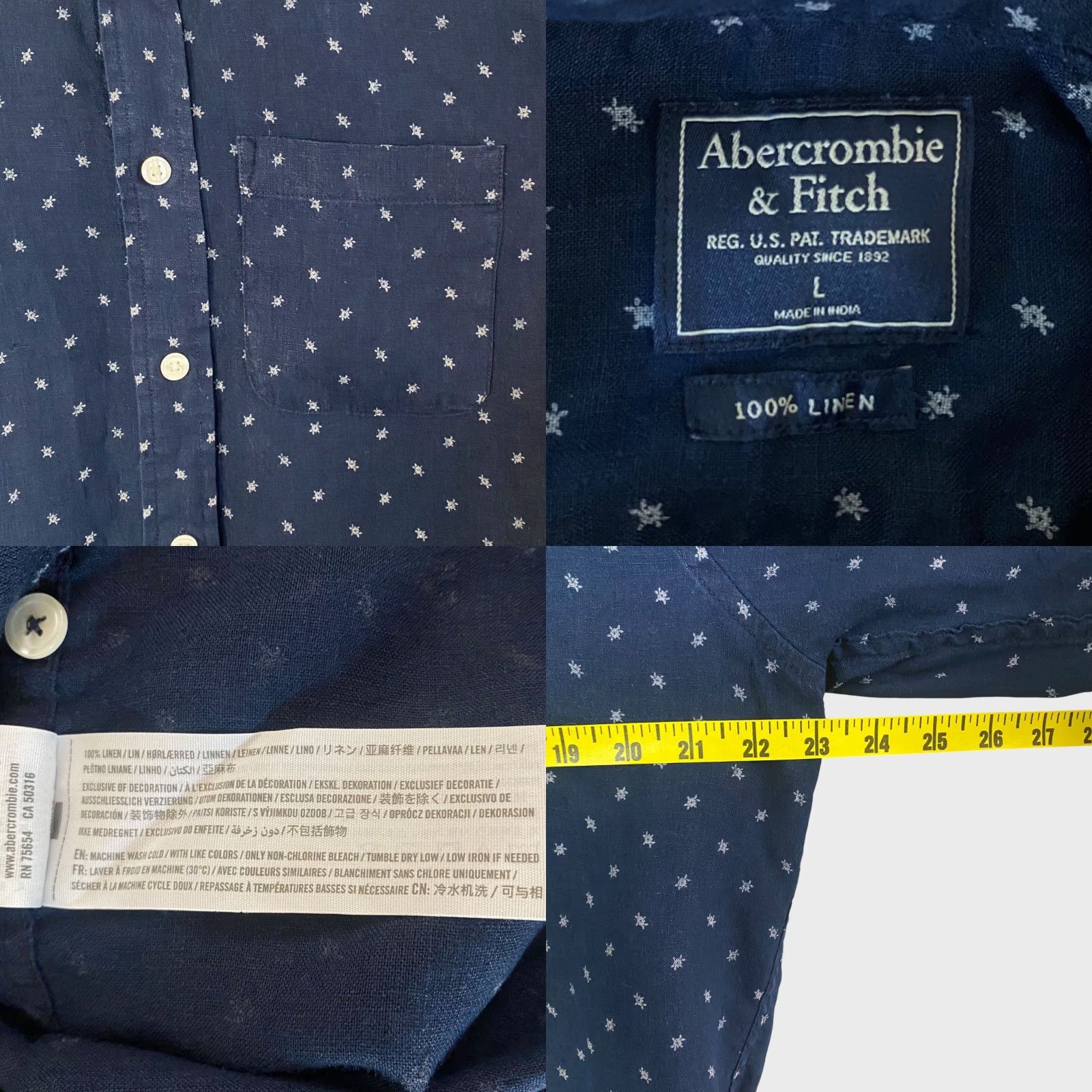 Abercrombie & Fitch Abercrombie & Fitch Button-Down Linen Shirt Navy Blue Casual Long-Sleeve Men L Size US L / EU 52-54 / 3 - 8 Thumbnail