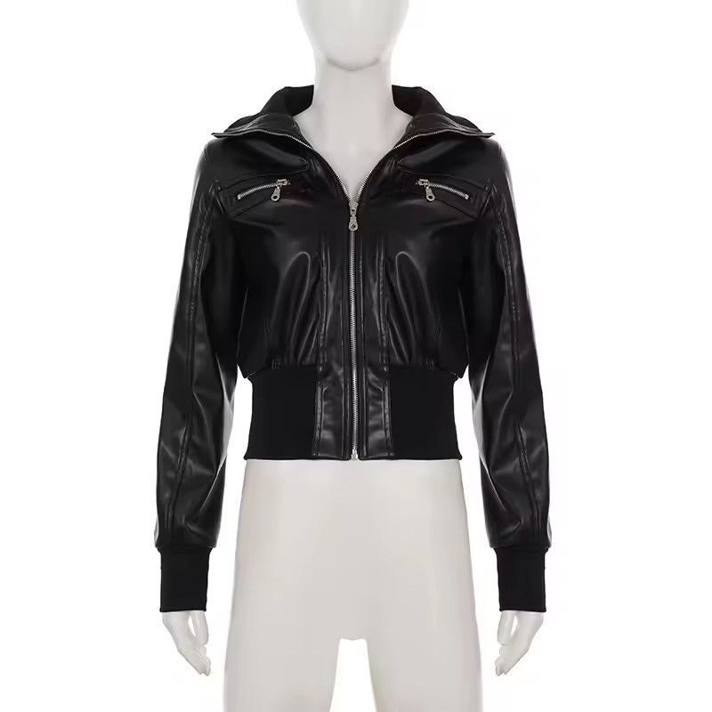 Japanese Brand Y2K Black PU Leather Bomber Jacket - Cropped Tight Fit Size M / US 6-8 / IT 42-44 - 9 Thumbnail