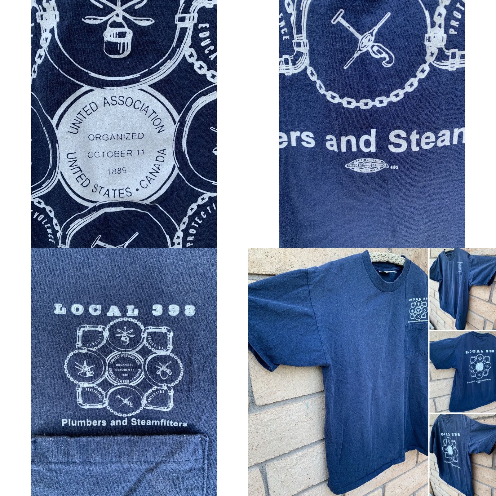 Vintage VINTAGE Oneita Local 398 Plumbers and Steamfitters Pocket T Shirt Short Sleeve Size XL Blue Cotton Mens Size US XL / EU 56 / 4 - 9 Thumbnail