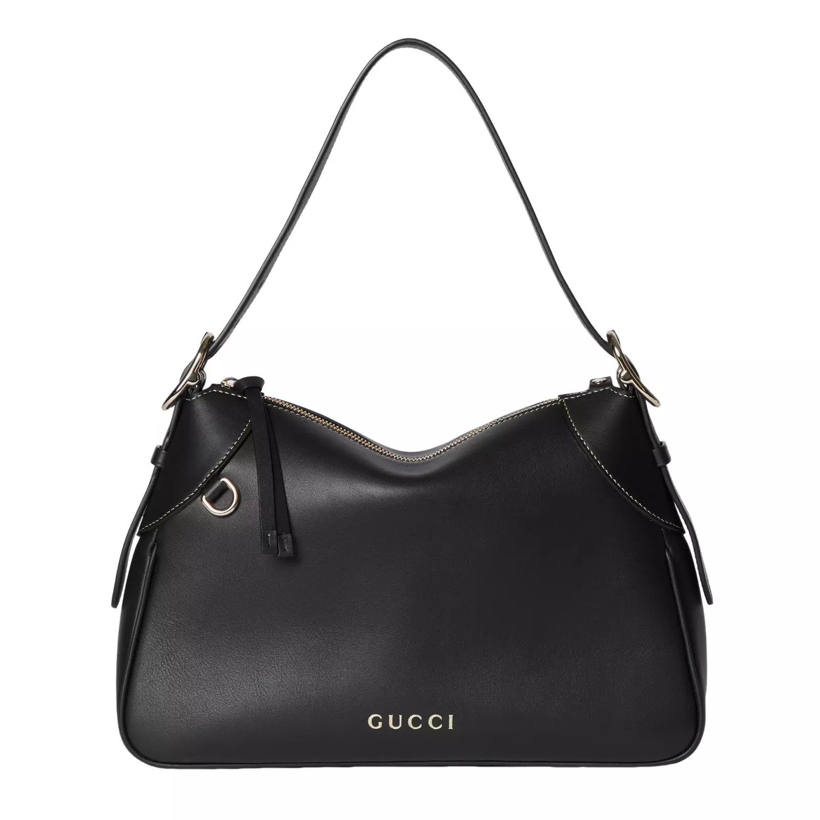 GUCCI GG Emblem Black Smooth Leather Shoulder Bag New