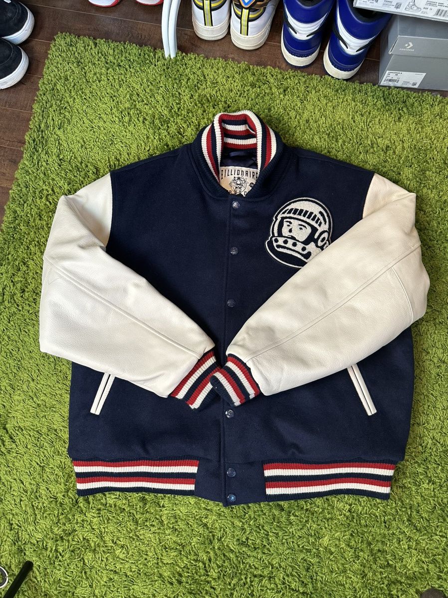 Image of Billionaire Boys Club Billionaire Boys Clue Leather Varsity Jacket in Navy, Men's (Size 2XL)