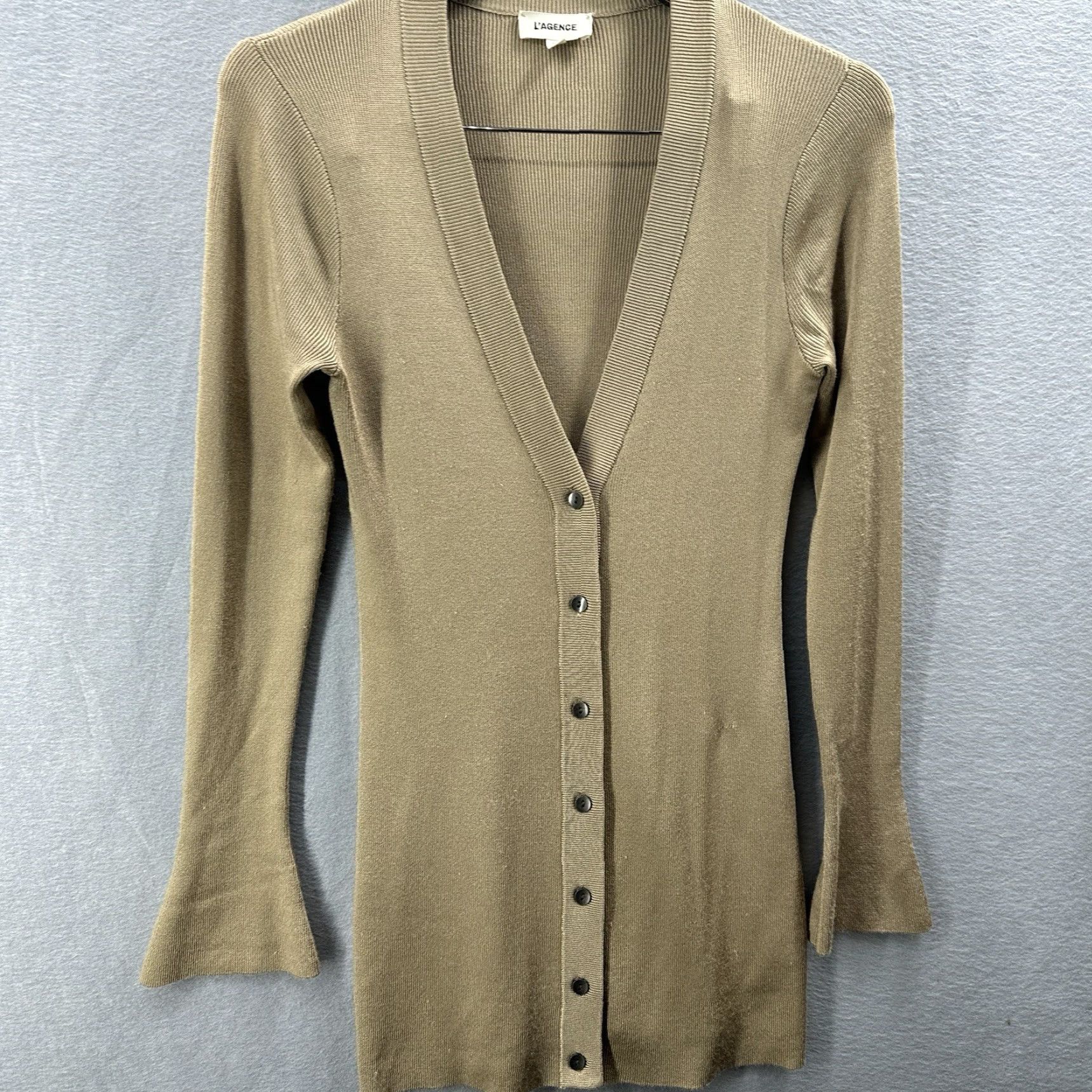 L'AGENCE L'AGENCE Gold Ribbed Cardigan Women's S Flared Long Sleeve V-Neck Lightweight Knit Sweater Designer Modern Size S / US 4 / IT 40 - 4 Thumbnail