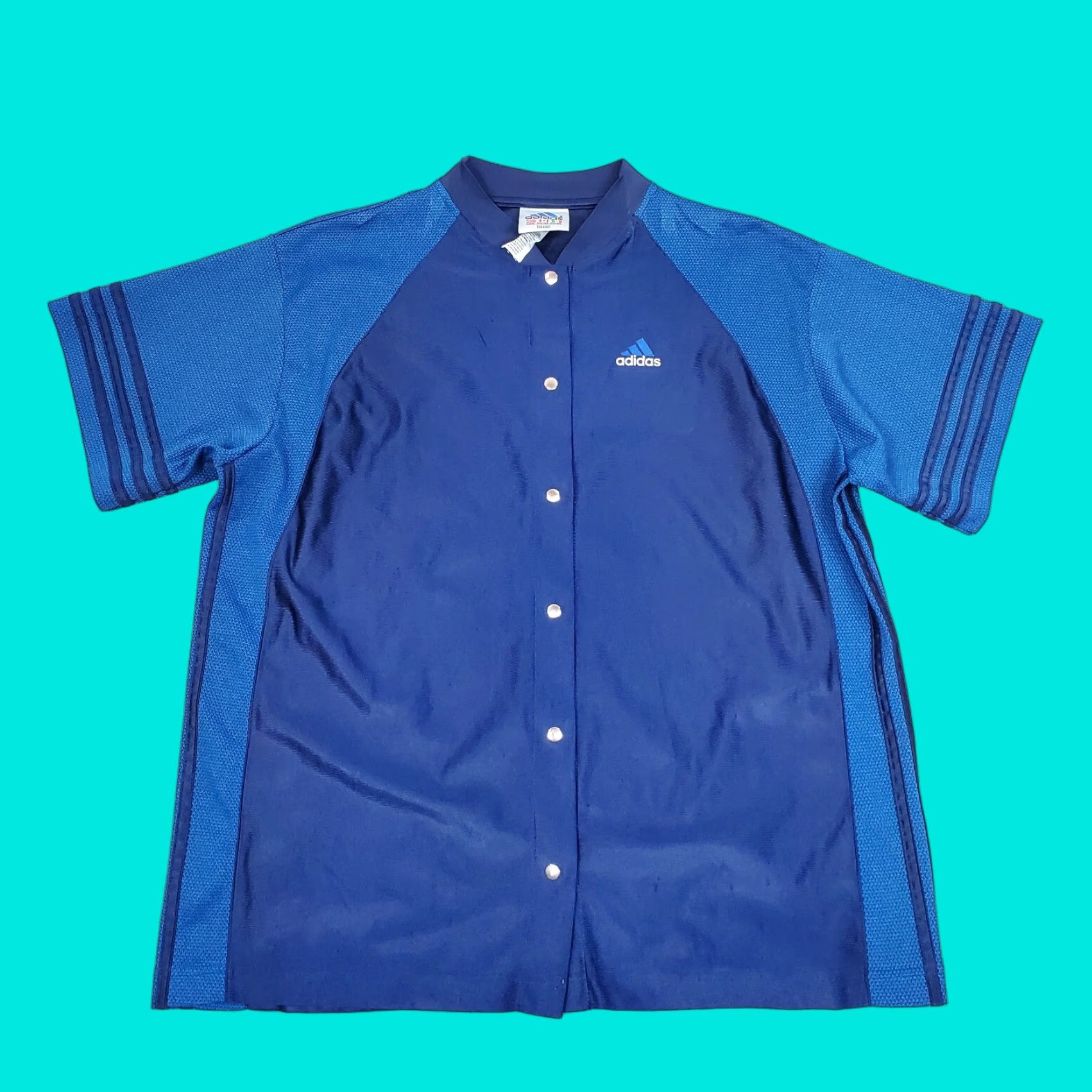 Adidas VINTAGE adidas Jersey Shirt Mens XL Blue Satin Snap Up Big Logo Trefoil Shirt Mens XL Blue Satin Snap Up Trefoil Logo Jersey Size US XL / EU 56 / 4 - 1 Thumbnail