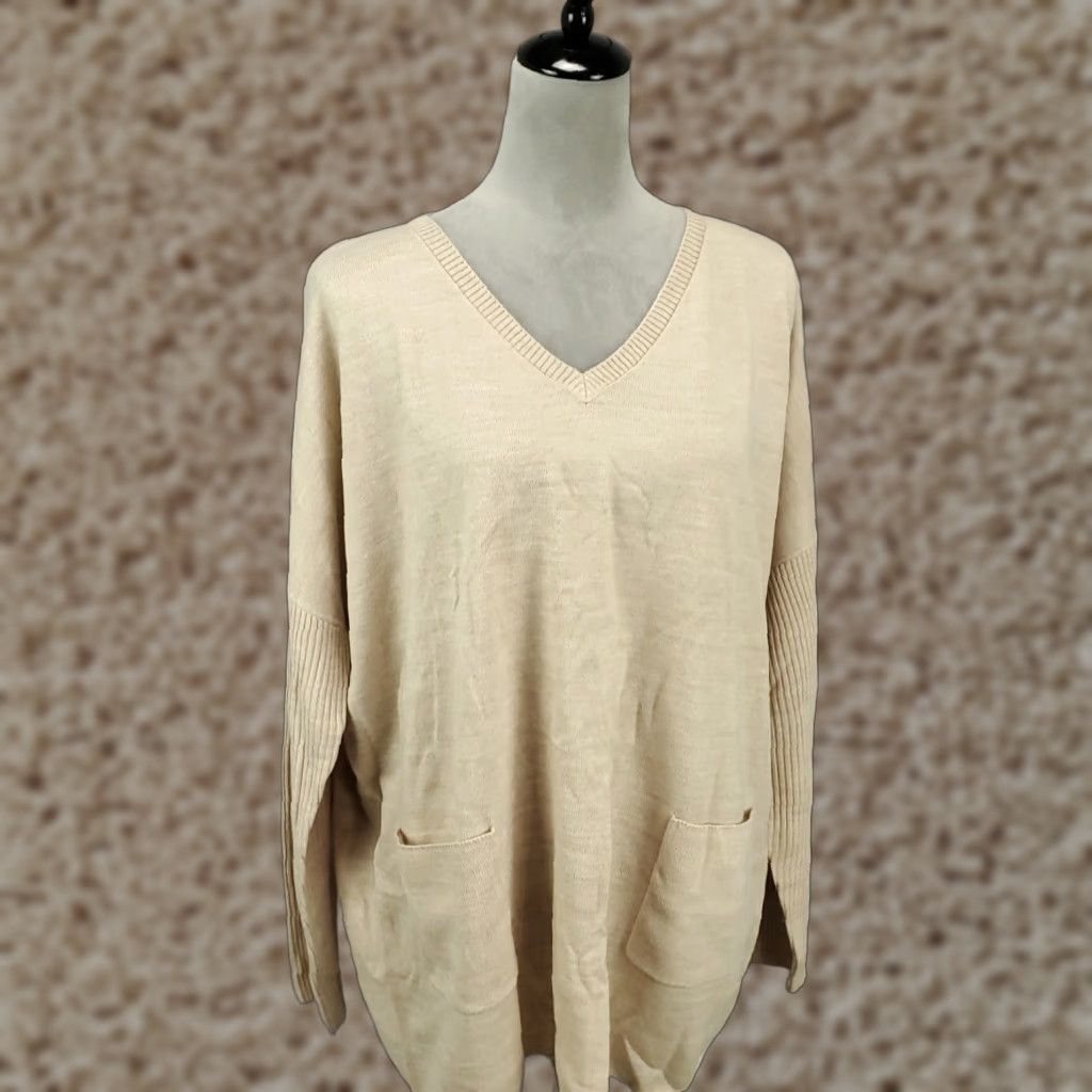 Denim & Co. Denim & Co. Sweater Women Large Beige Lightweight V-Neck Pullover Front Pockets Knit Long Sleeve Casual Womens Size L / US 10 / IT 46 - 1 Thumbnail