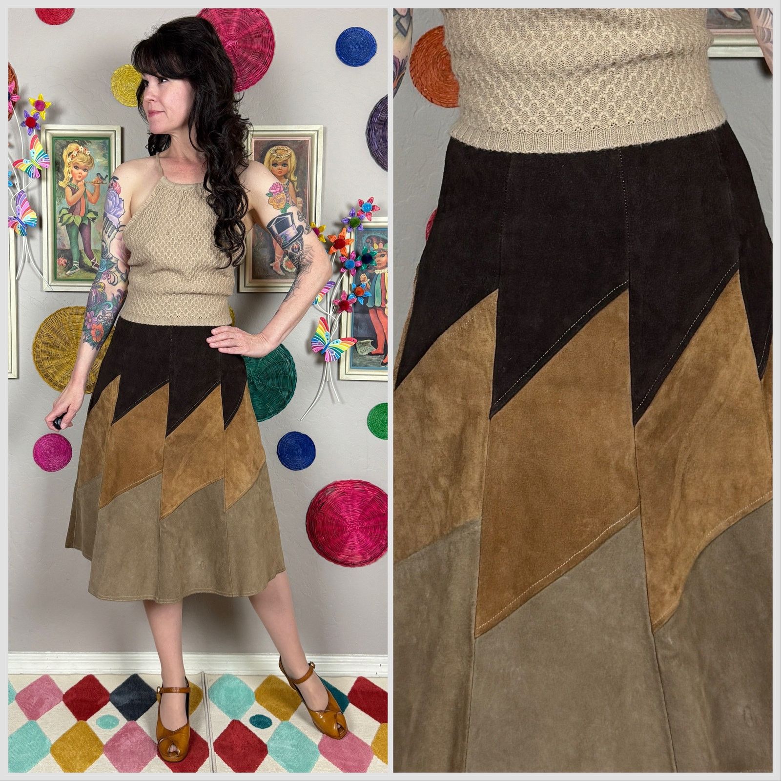 Vintage 1970s Brown Patchwork Suede Leather A-Line Midi Skirt Size 25" / US 0 / IT 36 - 1 Thumbnail