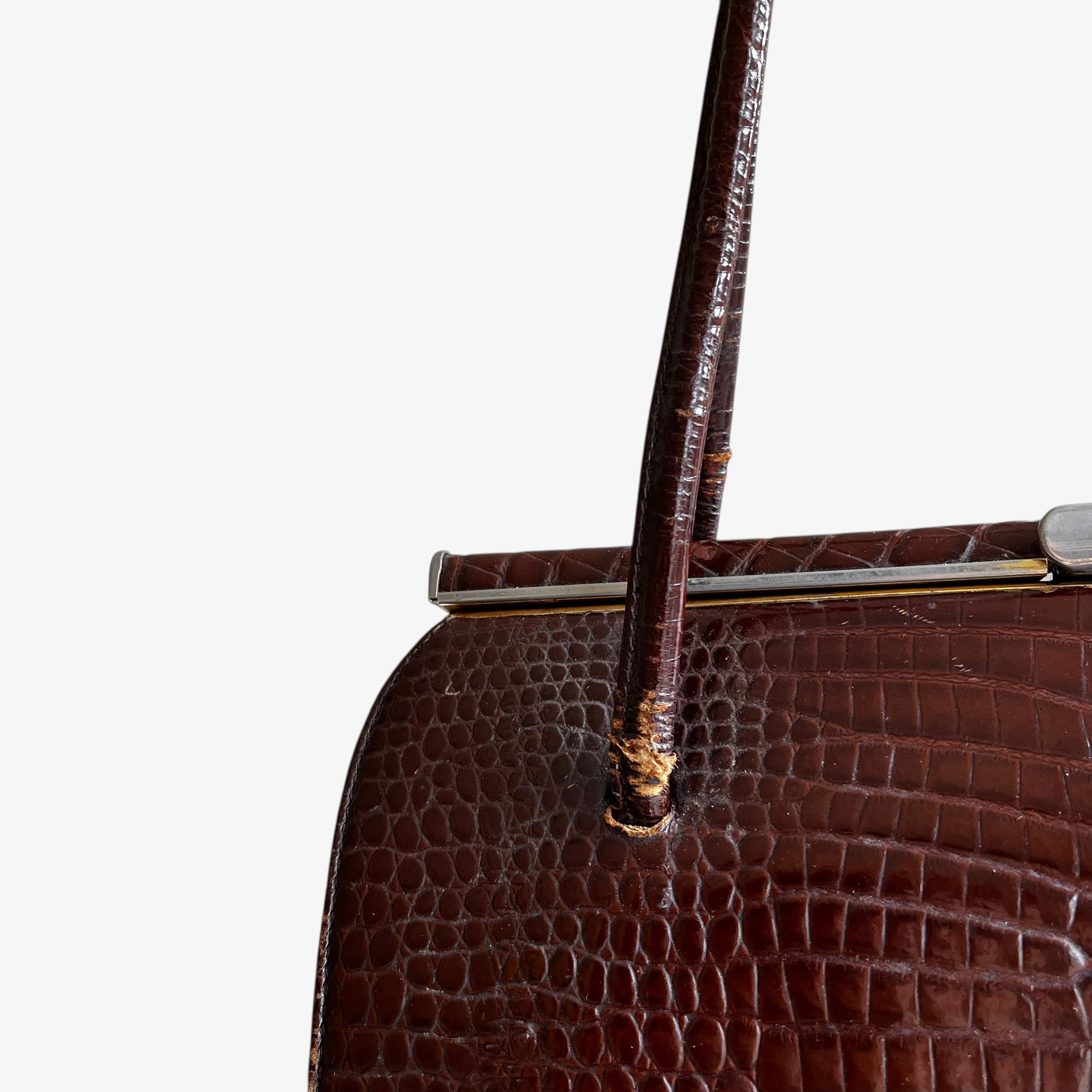 Other Vintage 1950s Crocodile Embossed Brown Leather Shoulder Bag Size ONE SIZE - 12 Thumbnail
