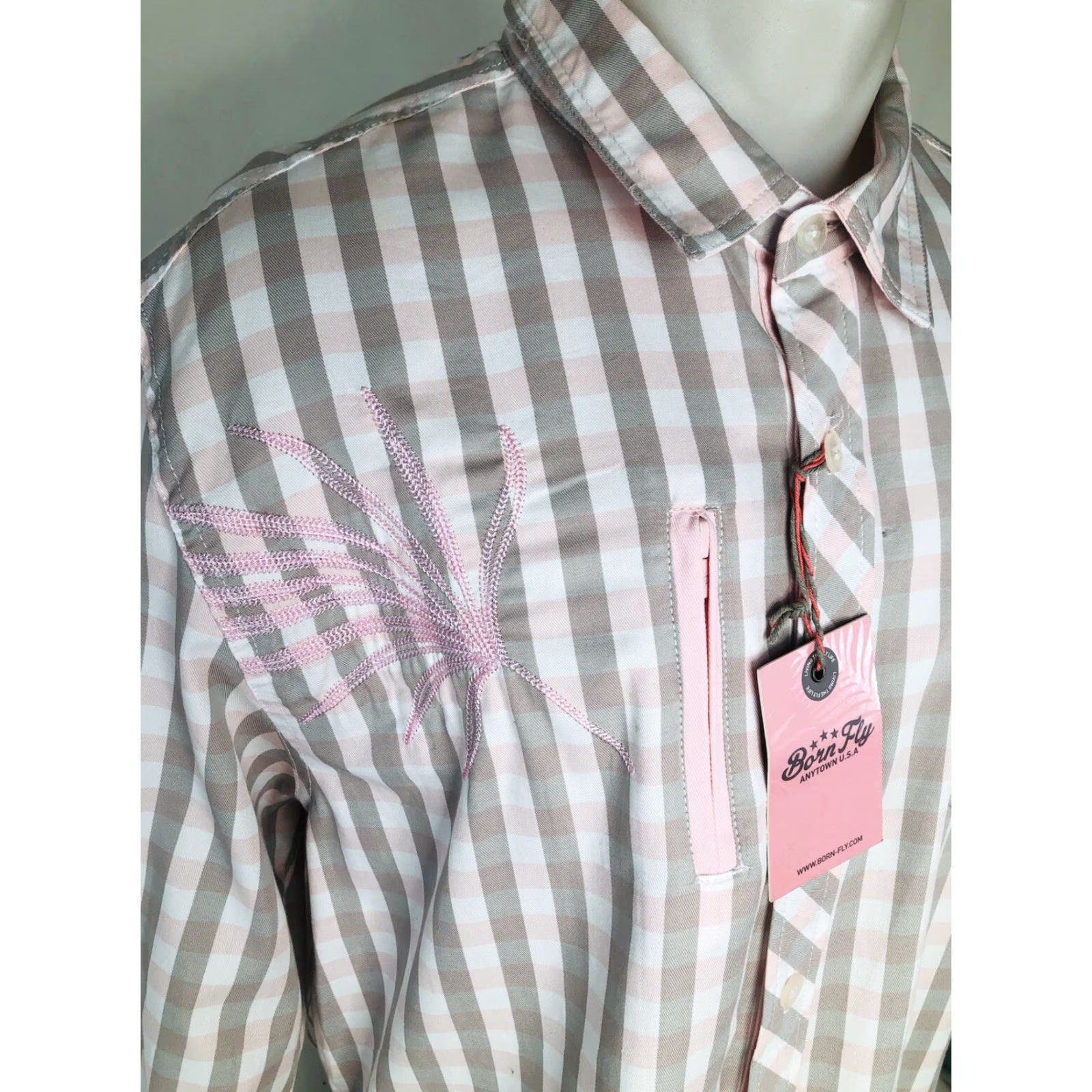 Born Born Fly Shirt Mens 2XL Embroidered ANYTOWN USA Pink Long Sleeve Button-Up Size US XXL / EU 58 / 5 - 3 Thumbnail