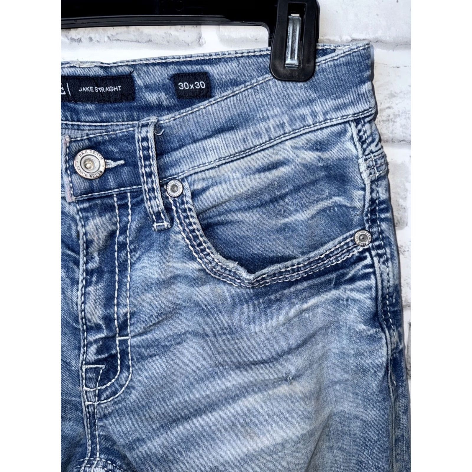 Vintage BKE Buckle Jake Straight Jeans 30x30 Mens Blue Distressed Cotton Blend 5-Pocket Belt Loops Stretch Low Rise Modern Western Size US 30 / EU 46 - 2 Thumbnail