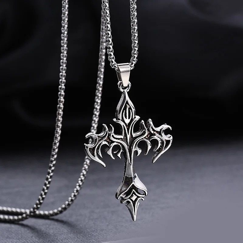 Jewelry × Vintage Vintage Flame Cross Pendant Necklace Long Chain Punk Gothic Size ONE SIZE - 1 Thumbnail