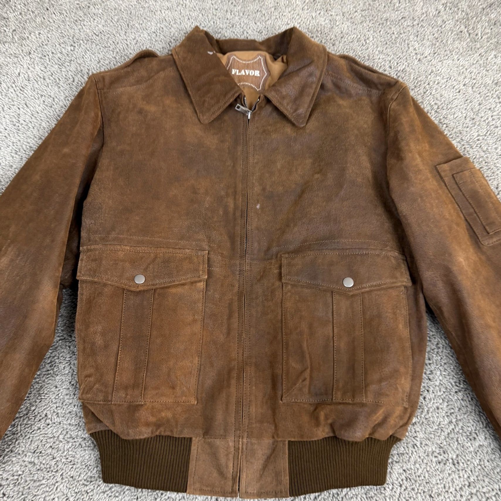 Vintage FLAVOR Jacket Mens Medium Brown Leather Bomber USA Flag Lined Full Zip Ribbed Size US M / EU 48-50 / 2 - 3 Thumbnail