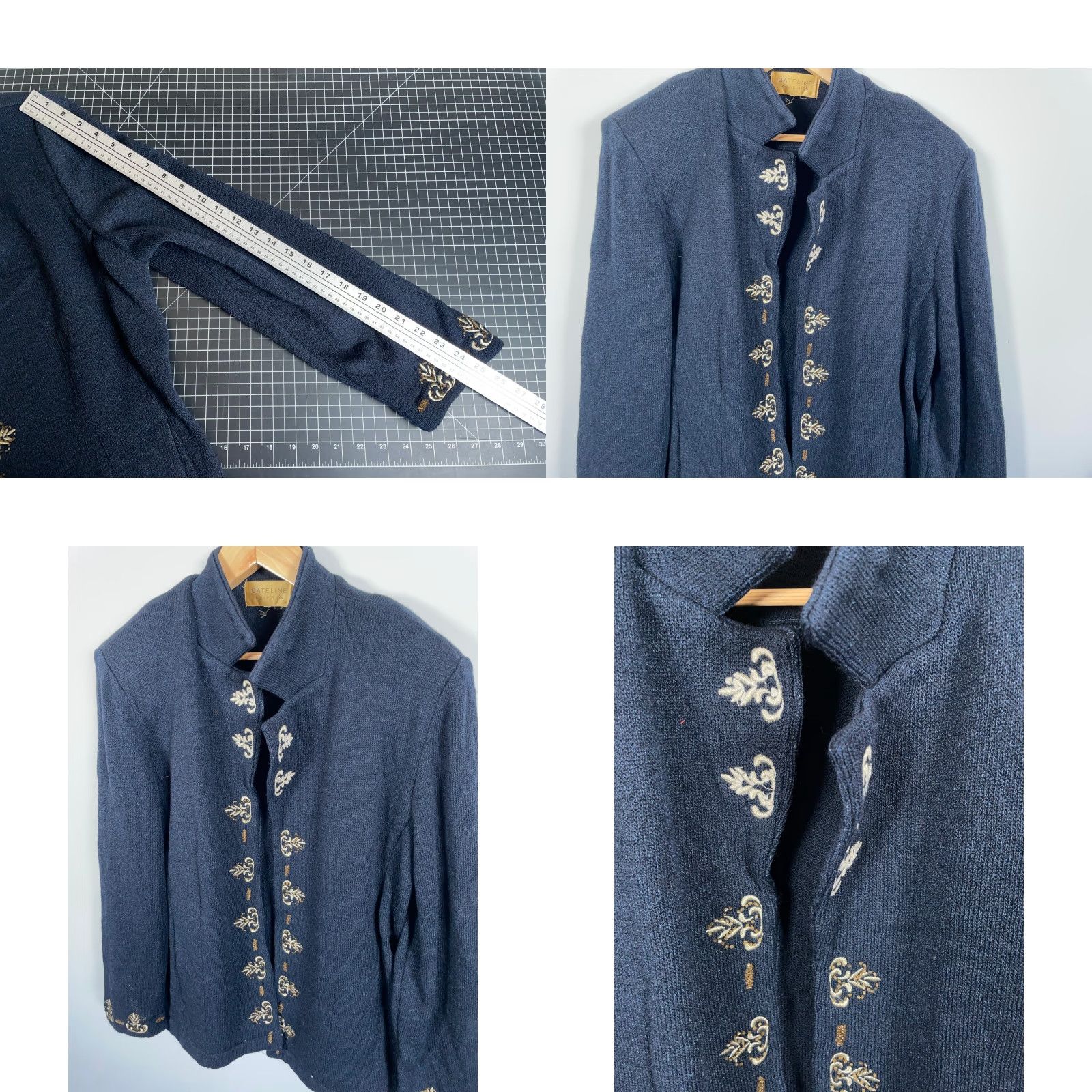 Vintage Dateline Collection Cardigan Women XL Dark Blue Beaded Silk Wool Open Front Knit V-Neck Hidden Shoulder Pads Knitwear Regular Size: XL Size XL / US 12-14 / IT 48-50 - 8 Thumbnail